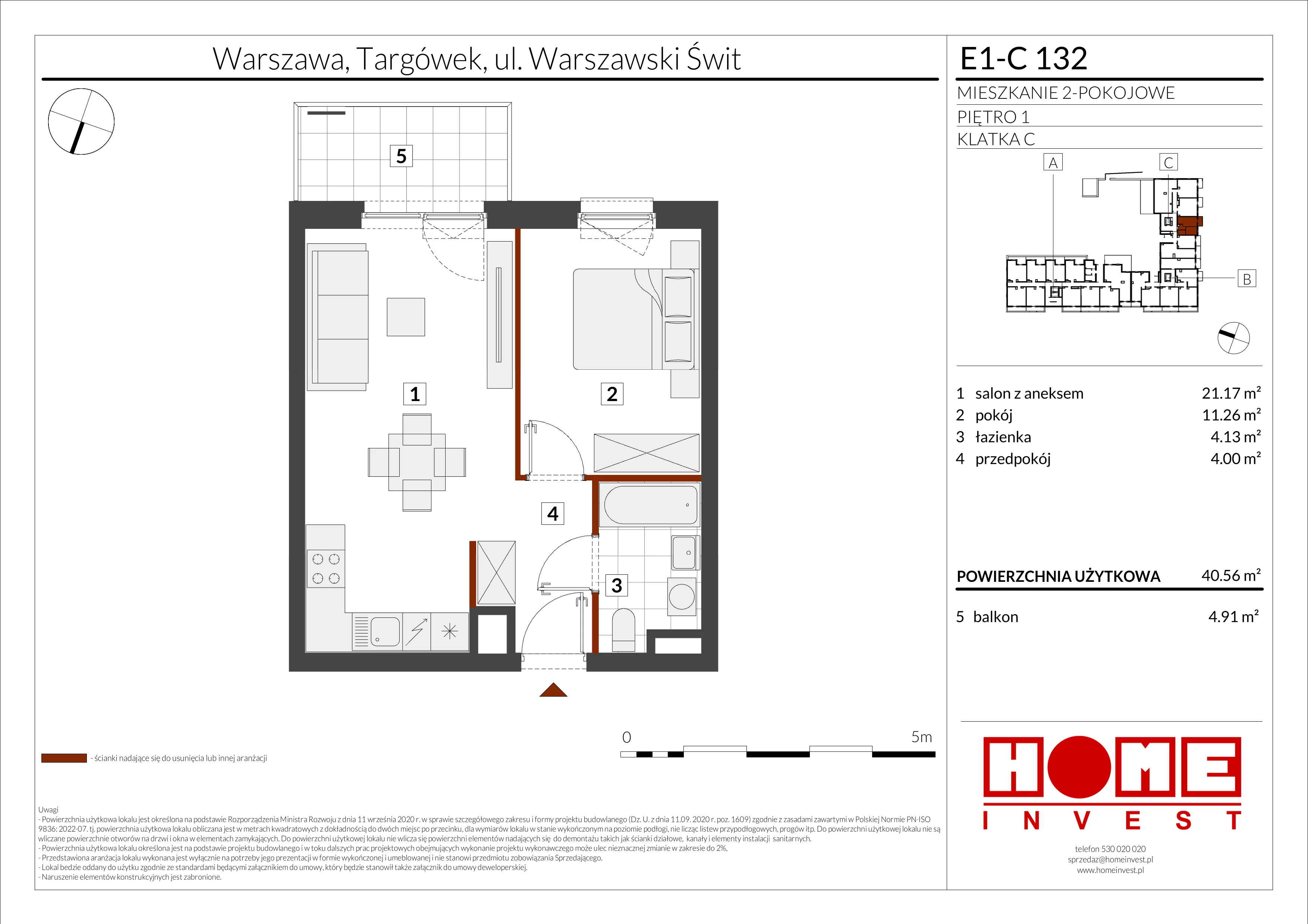 2 pokoje, mieszkanie 40,56 m², piętro 1, oferta nr E1-C132, Warszawski Świt Etap X, Warszawa, Targówek, Bródno, ul. Warszawski Świt