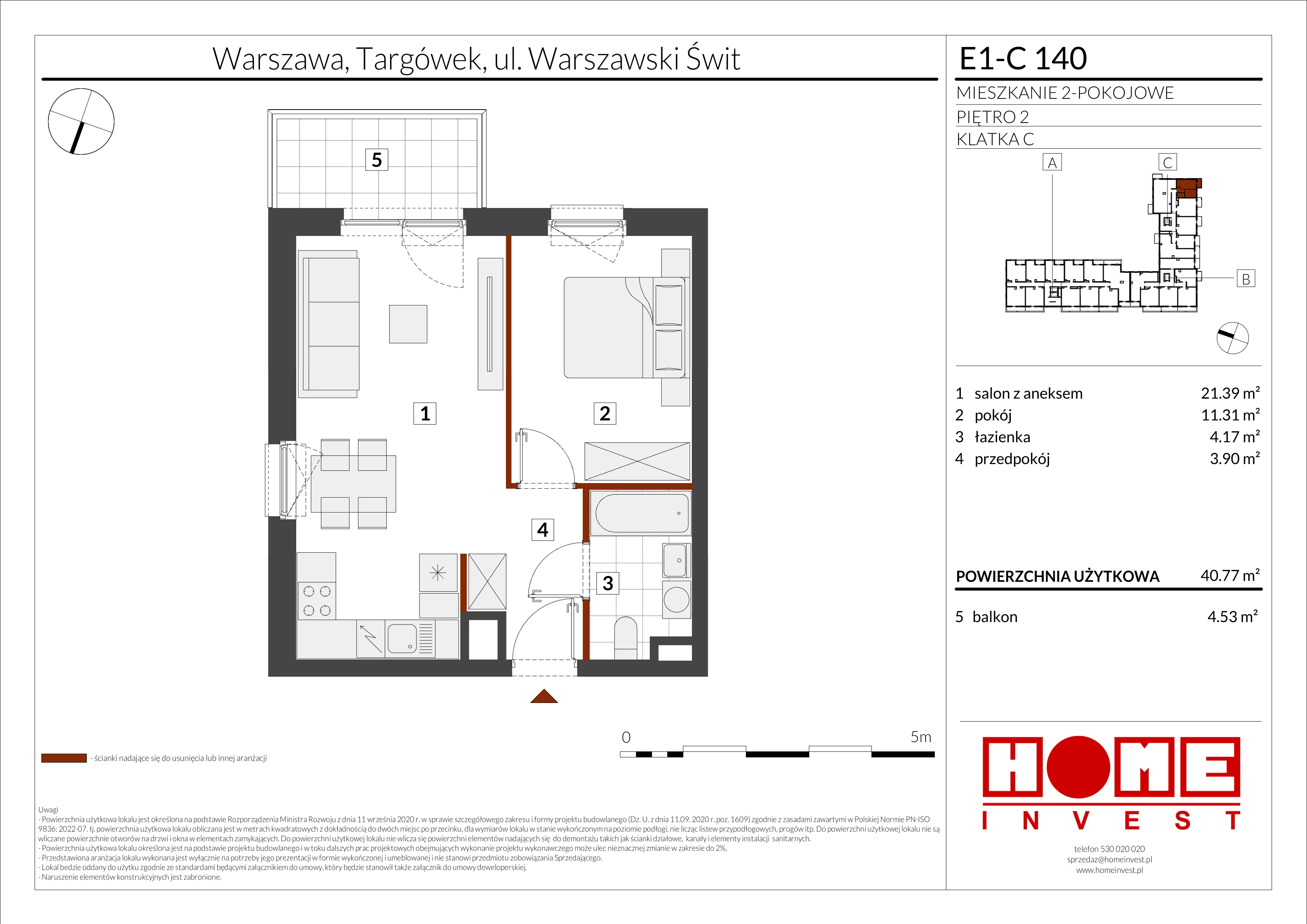 2 pokoje, mieszkanie 40,77 m², piętro 2, oferta nr E1-C140, Warszawski Świt Etap X, Warszawa, Targówek, Bródno, ul. Warszawski Świt