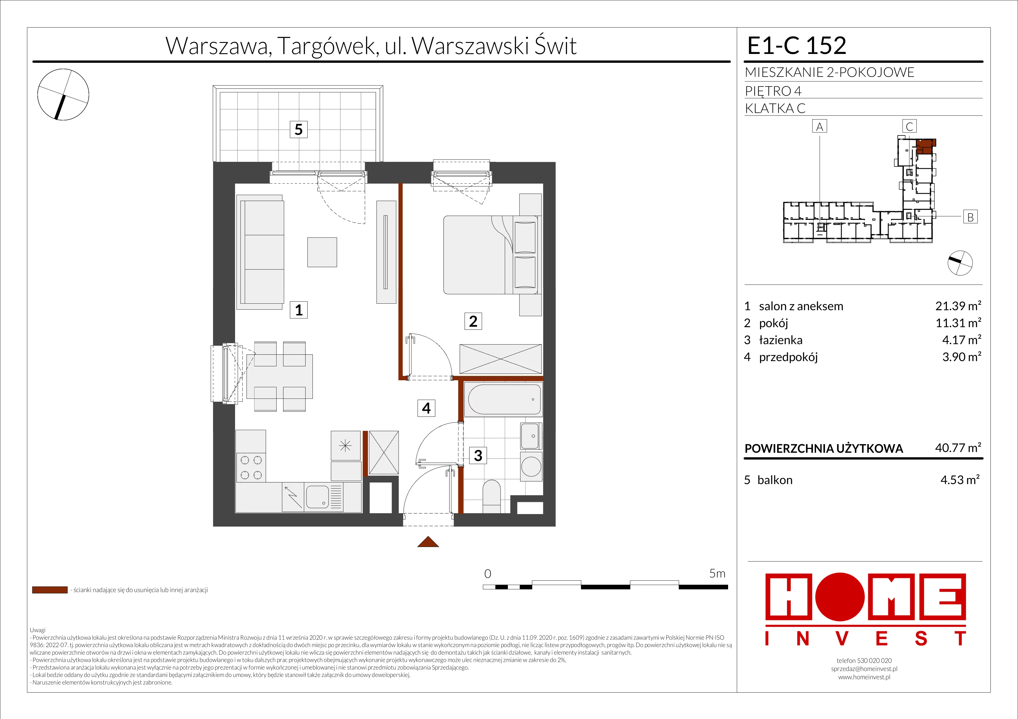 2 pokoje, mieszkanie 40,77 m², piętro 4, oferta nr E1-C152, Warszawski Świt Etap X, Warszawa, Targówek, Bródno, ul. Warszawski Świt