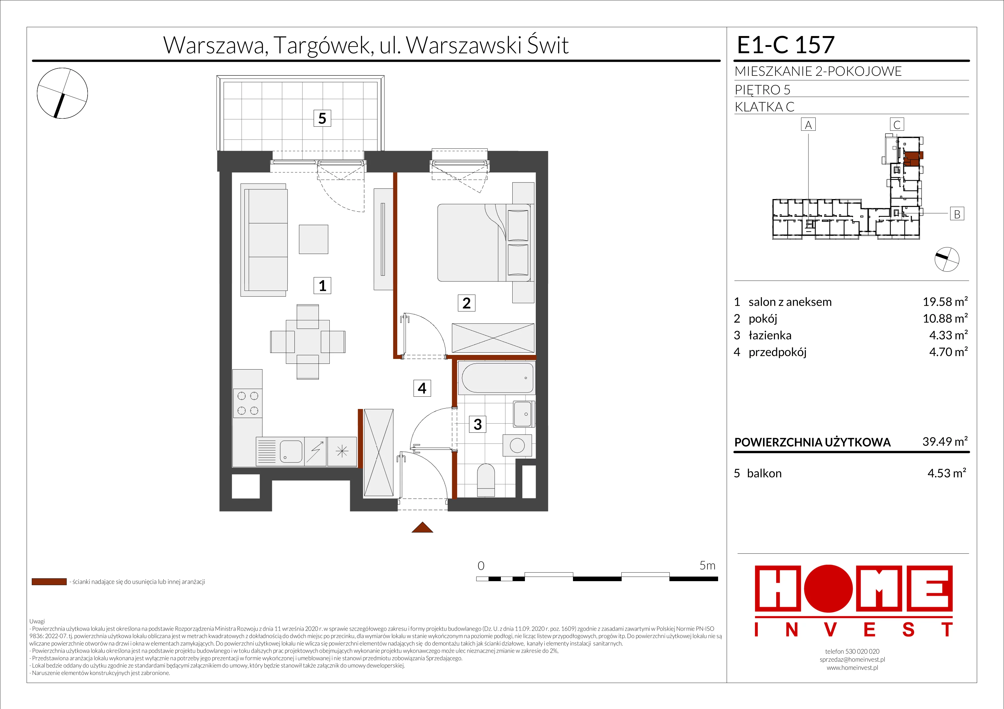 2 pokoje, mieszkanie 39,49 m², piętro 5, oferta nr E1-C157, Warszawski Świt Etap X, Warszawa, Targówek, Bródno, ul. Warszawski Świt