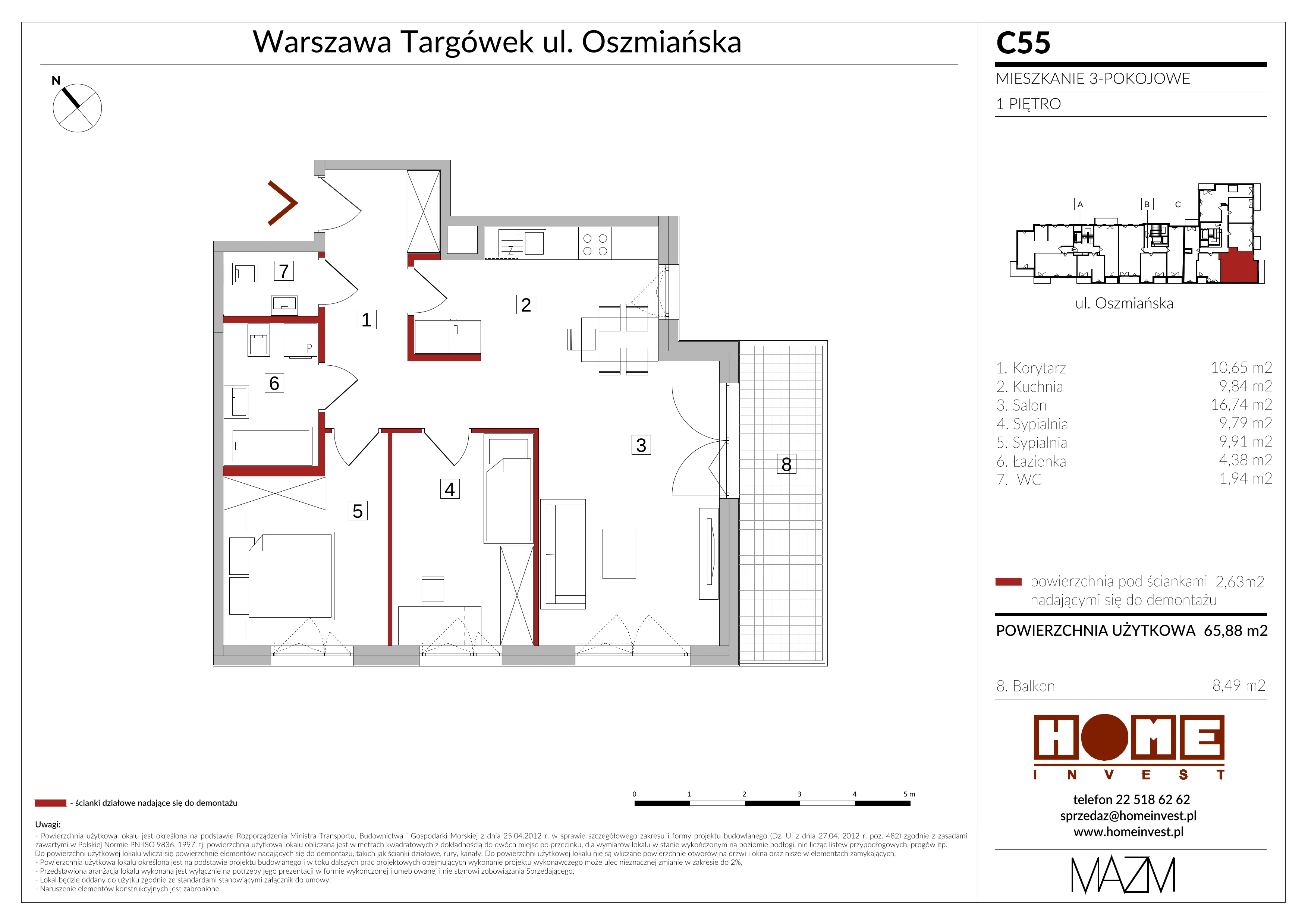 Mieszkanie 65,88 m², piętro 1, oferta nr C55, Apartamenty Oszmiańska II, Warszawa, Targówek, Targówek Mieszkaniowy, ul. Oszmiańska 20, 22