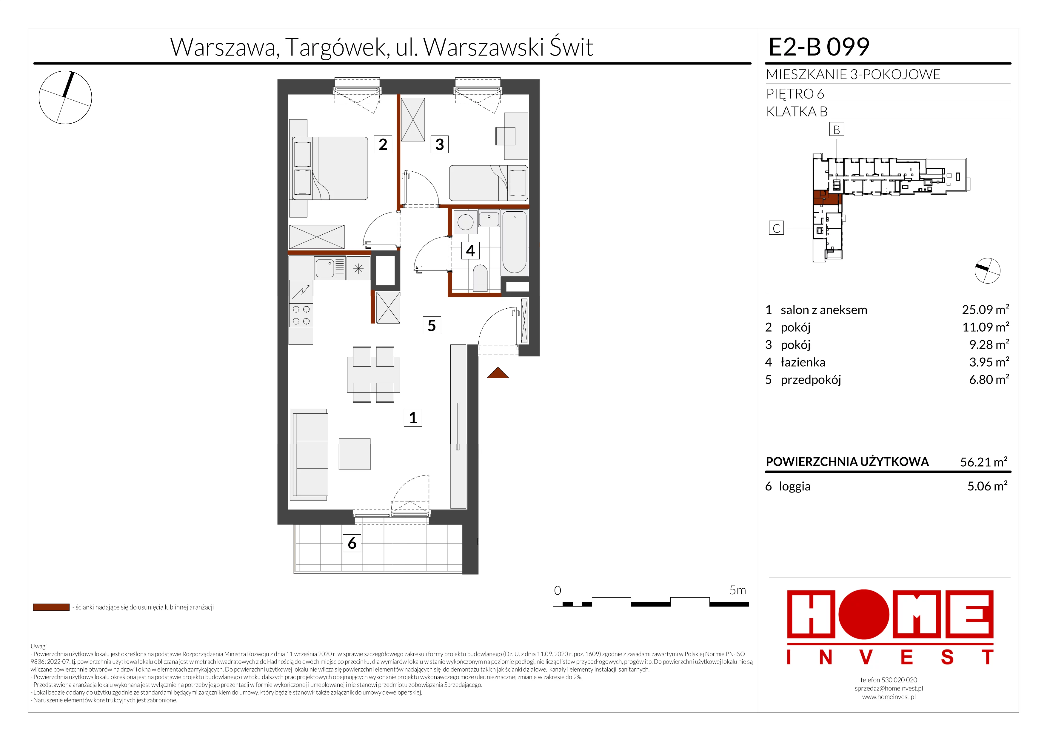 3 pokoje, mieszkanie 56,21 m², piętro 6, oferta nr E2-B099, Warszawski Świt Etap XI, Warszawa, Targówek, Bródno, ul. Warszawski Świt