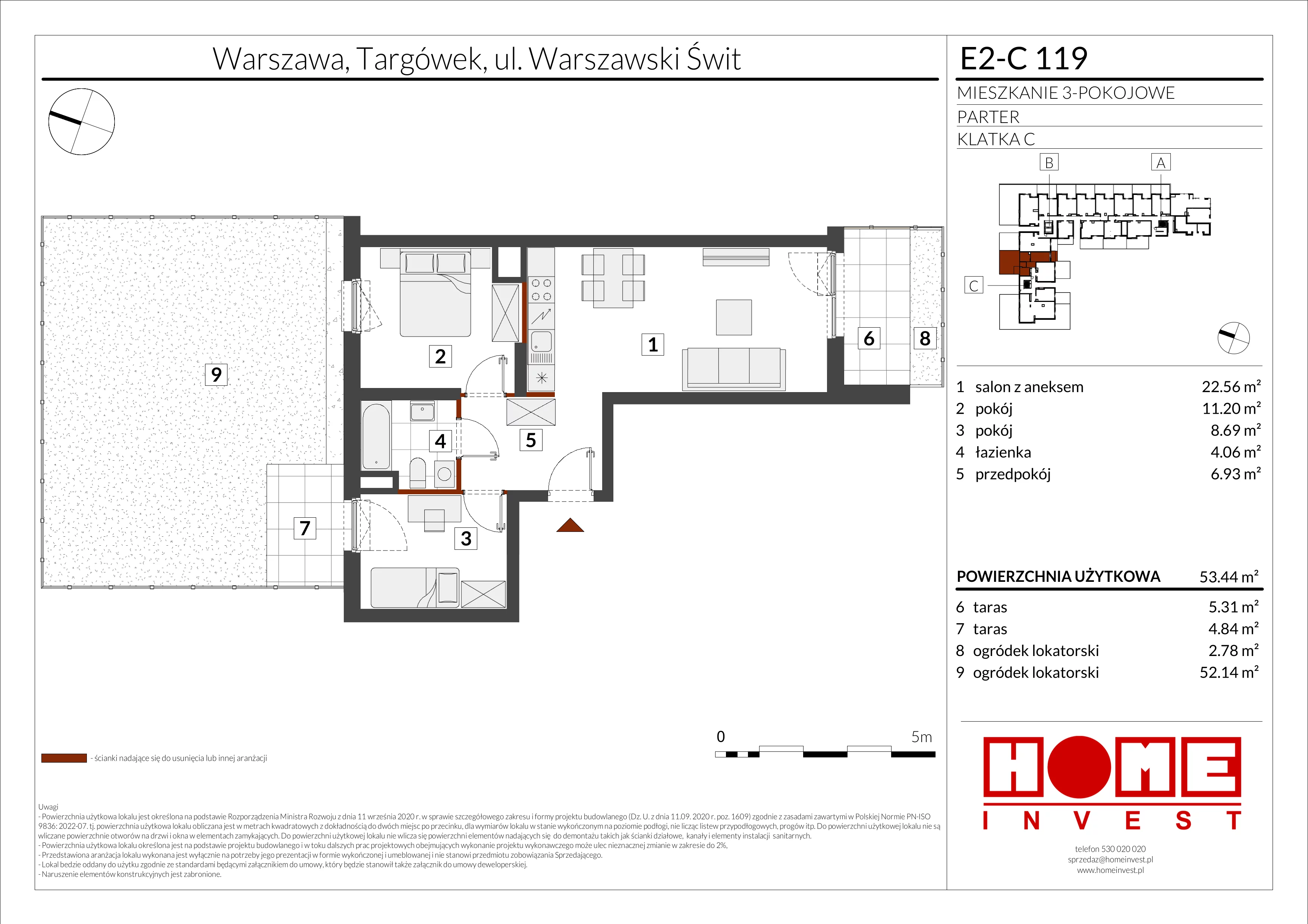 3 pokoje, mieszkanie 53,44 m², parter, oferta nr E2-C119, Warszawski Świt Etap XI, Warszawa, Targówek, Bródno, ul. Warszawski Świt