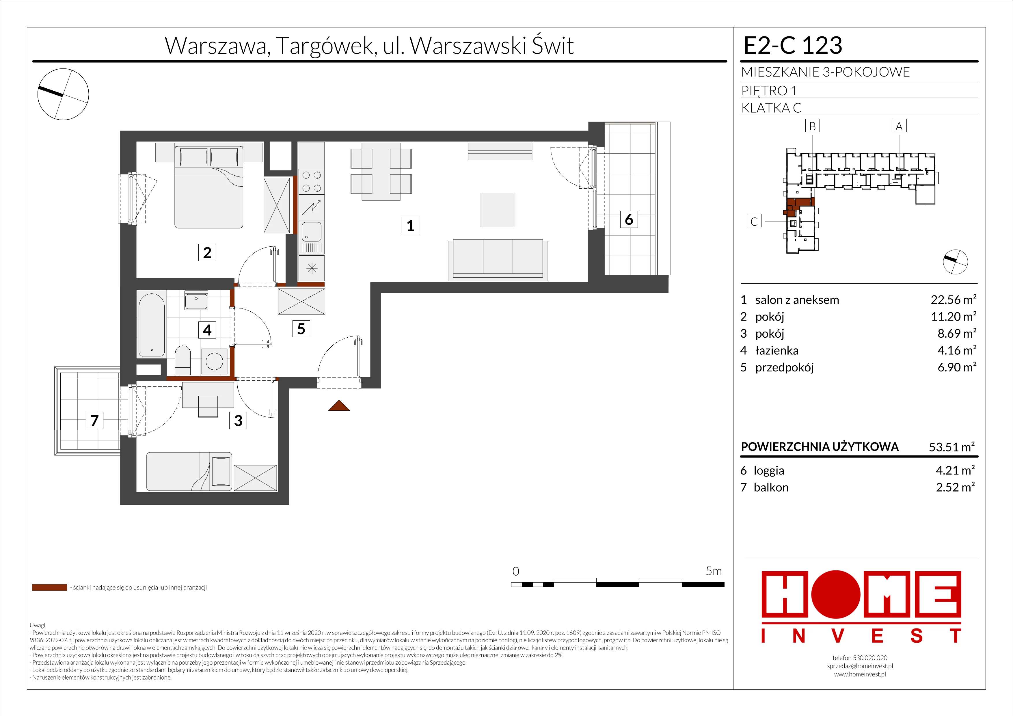 3 pokoje, mieszkanie 53,51 m², piętro 1, oferta nr E2-C123, Warszawski Świt Etap XI, Warszawa, Targówek, Bródno, ul. Warszawski Świt
