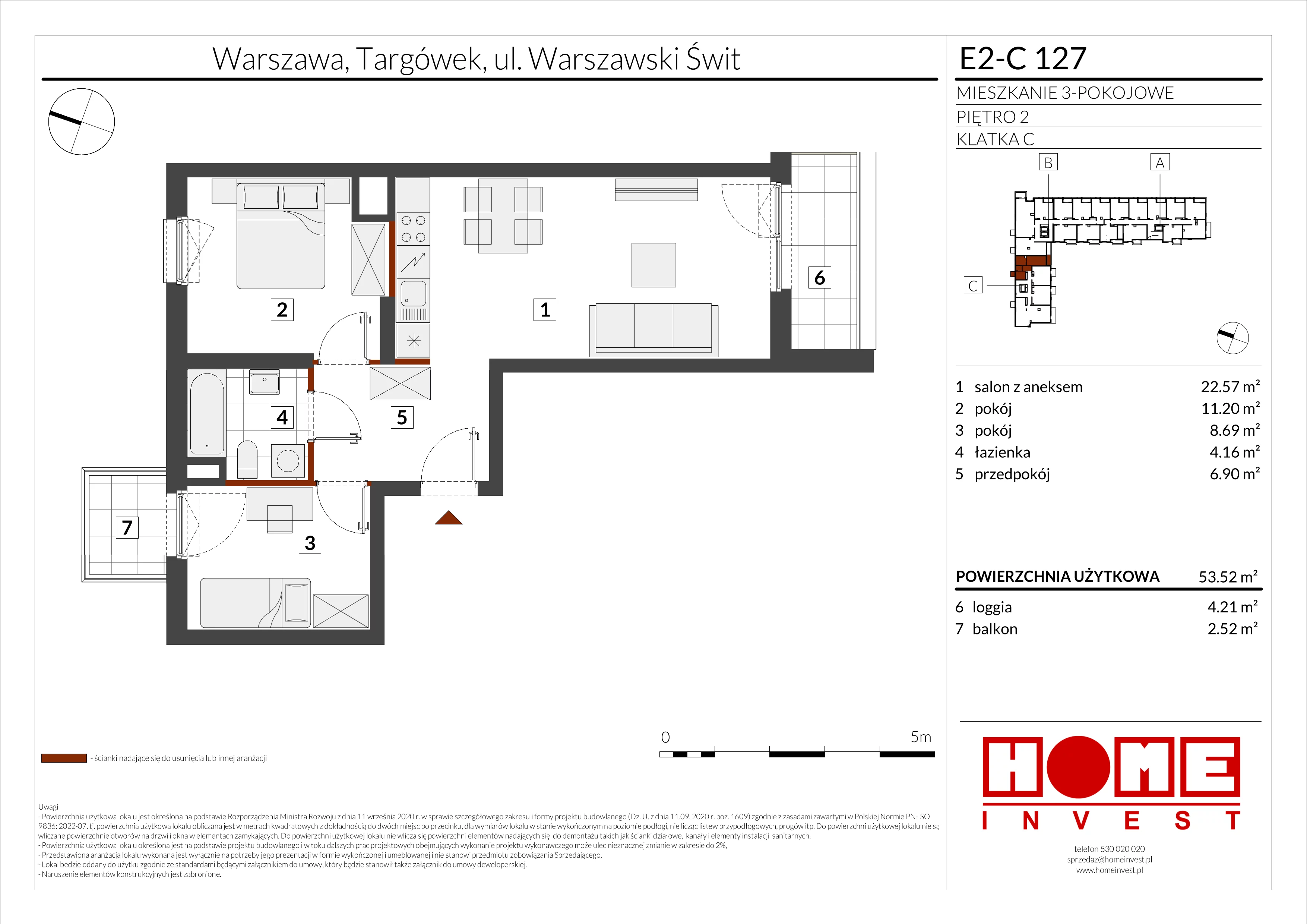 3 pokoje, mieszkanie 53,52 m², piętro 2, oferta nr E2-C127, Warszawski Świt Etap XI, Warszawa, Targówek, Bródno, ul. Warszawski Świt