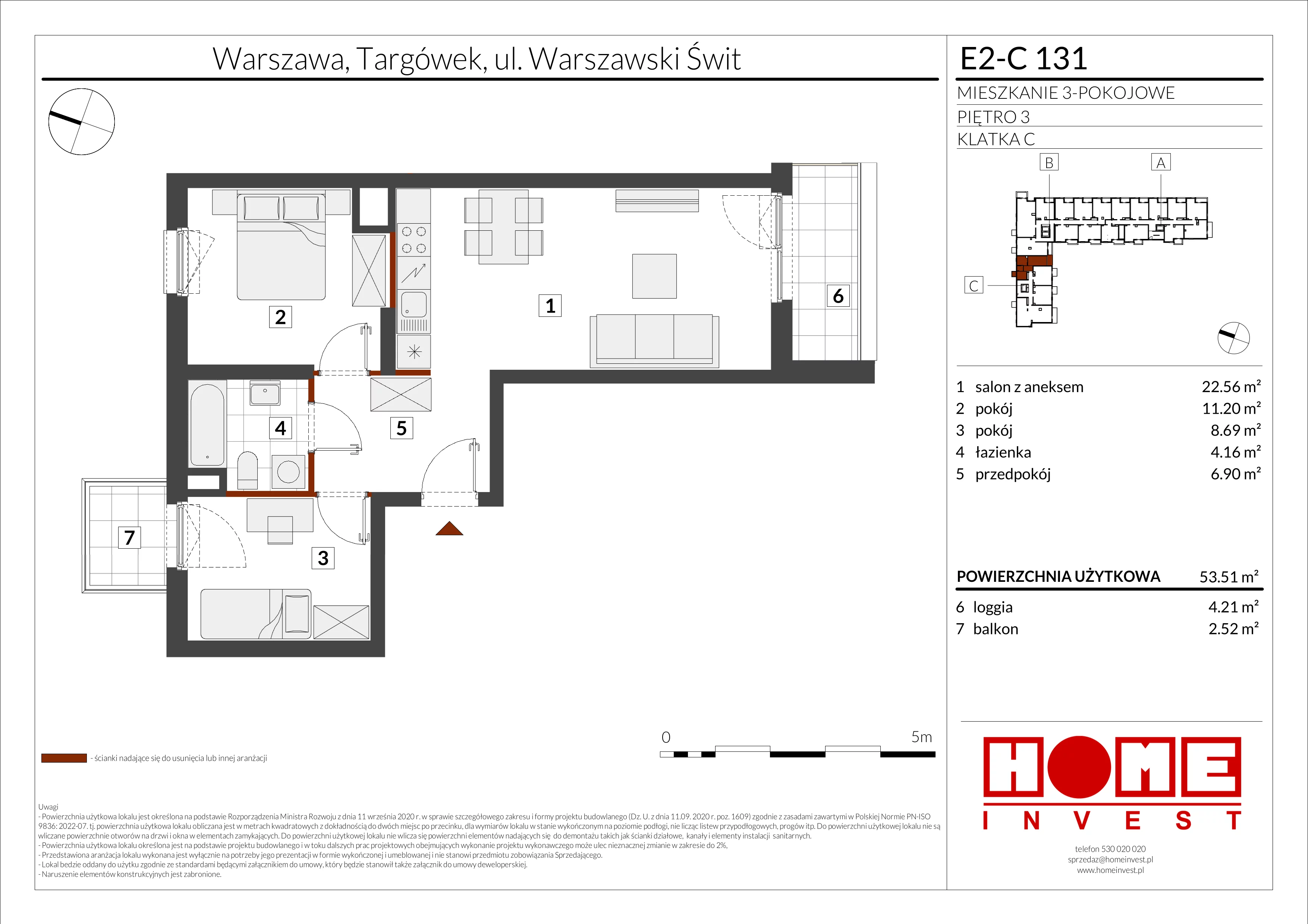 3 pokoje, mieszkanie 53,51 m², piętro 3, oferta nr E2-C131, Warszawski Świt Etap XI, Warszawa, Targówek, Bródno, ul. Warszawski Świt