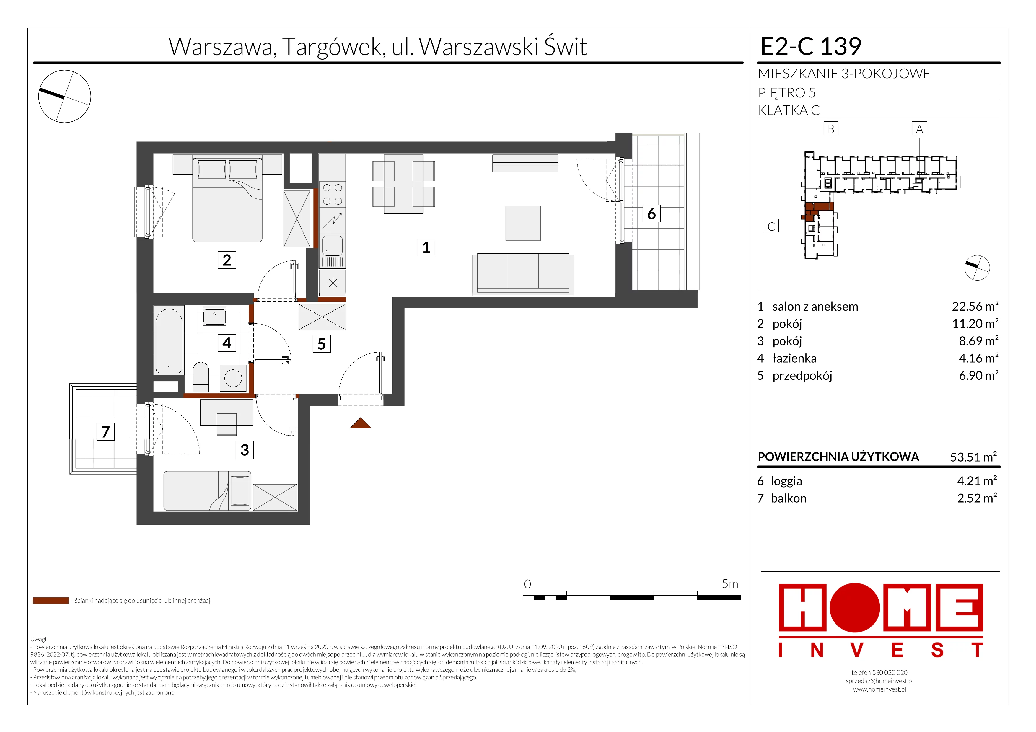 3 pokoje, mieszkanie 53,51 m², piętro 5, oferta nr E2-C139, Warszawski Świt Etap XI, Warszawa, Targówek, Bródno, ul. Warszawski Świt