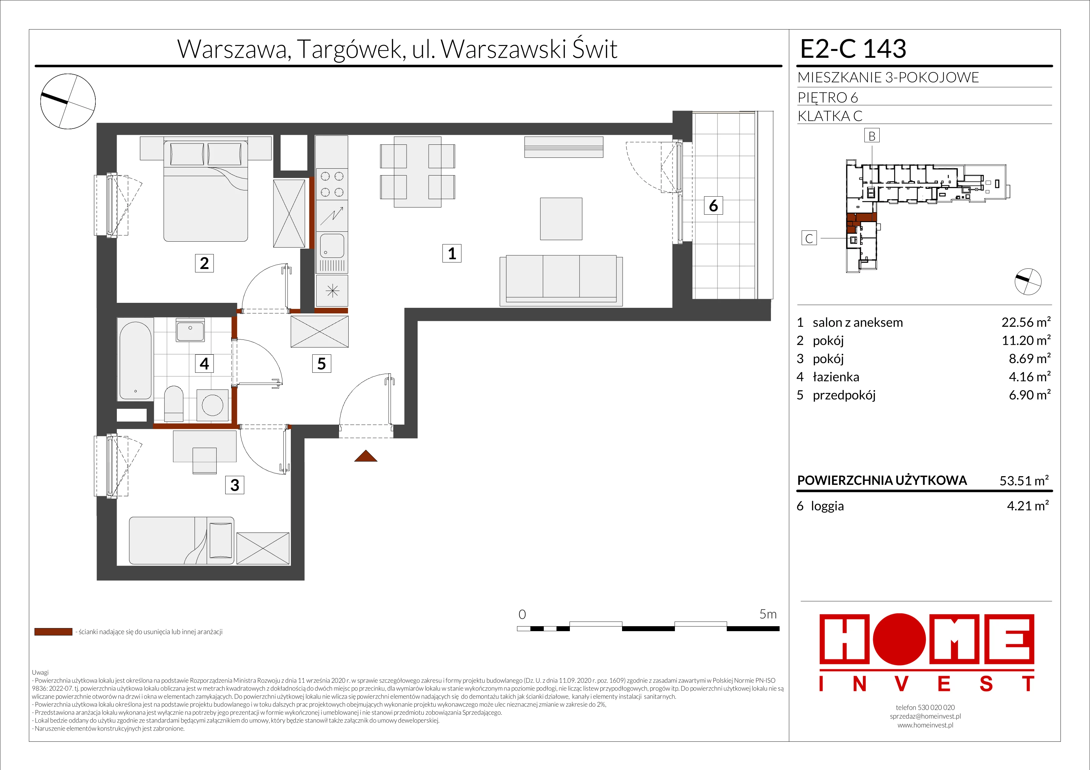3 pokoje, mieszkanie 53,51 m², piętro 6, oferta nr E2-C143, Warszawski Świt Etap XI, Warszawa, Targówek, Bródno, ul. Warszawski Świt