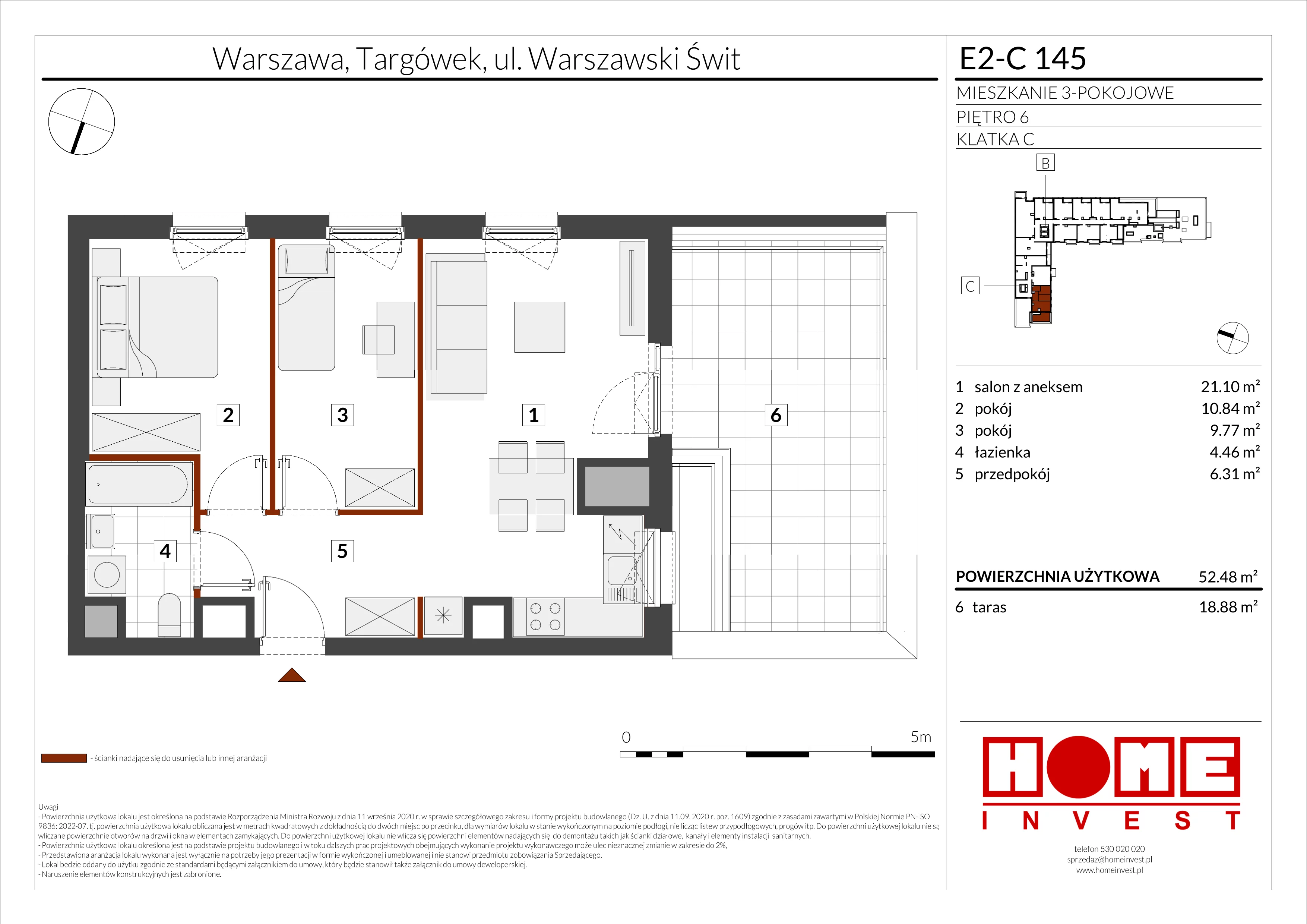 3 pokoje, mieszkanie 52,48 m², piętro 6, oferta nr E2-C145, Warszawski Świt Etap XI, Warszawa, Targówek, Bródno, ul. Warszawski Świt