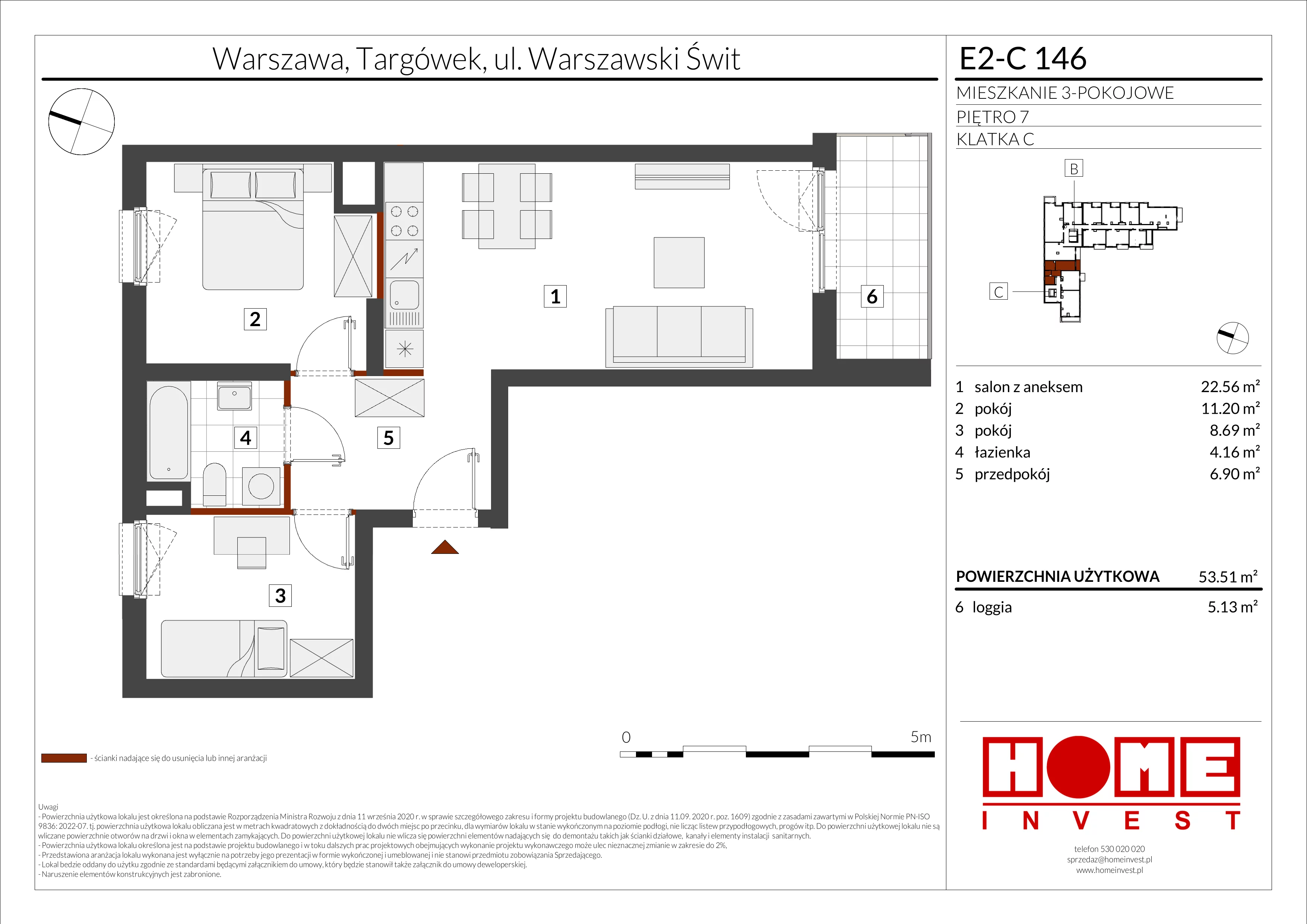 3 pokoje, mieszkanie 53,51 m², piętro 7, oferta nr E2-C146, Warszawski Świt Etap XI, Warszawa, Targówek, Bródno, ul. Warszawski Świt
