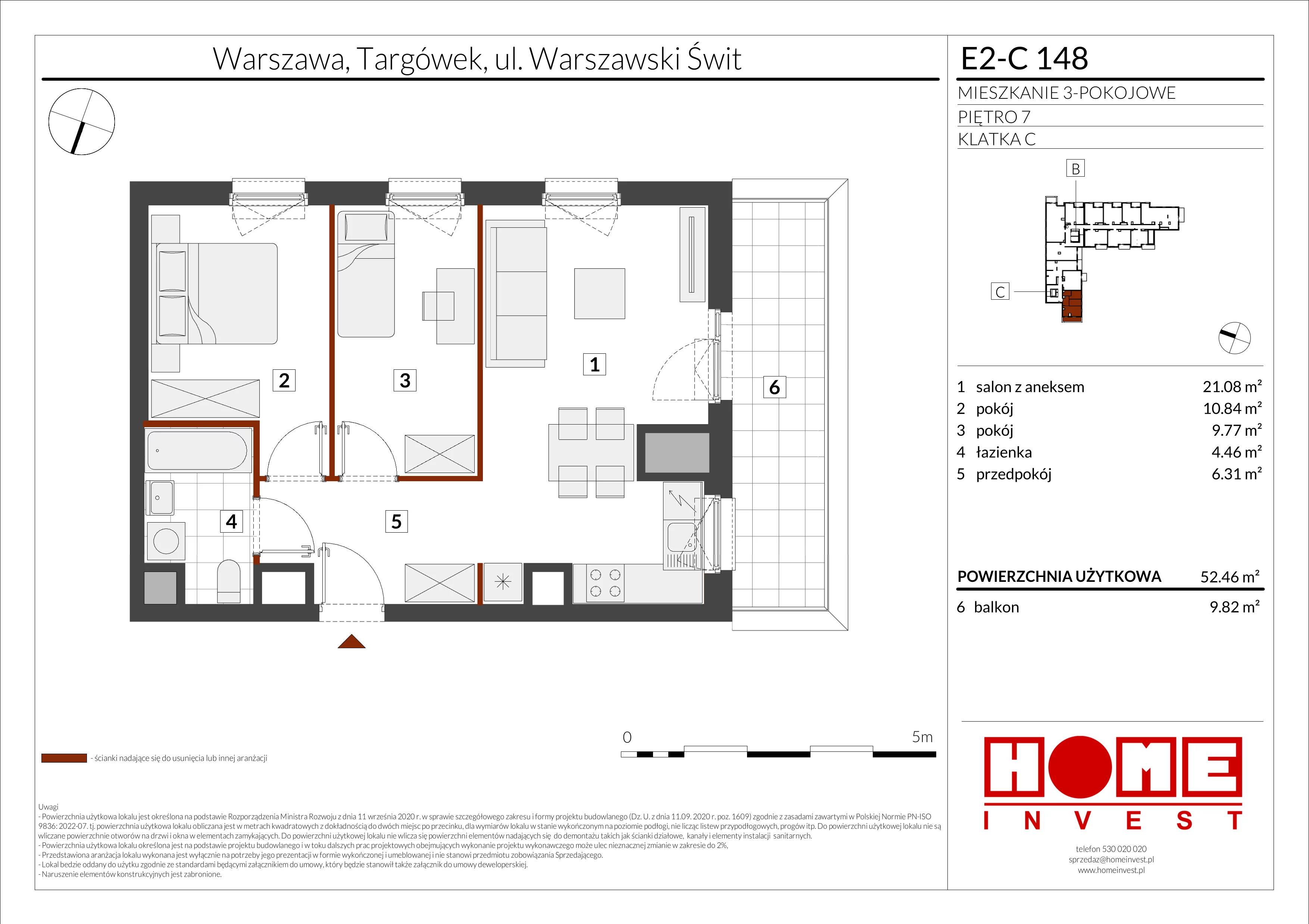 3 pokoje, mieszkanie 52,46 m², piętro 7, oferta nr E2-C148, Warszawski Świt Etap XI, Warszawa, Targówek, Bródno, ul. Warszawski Świt