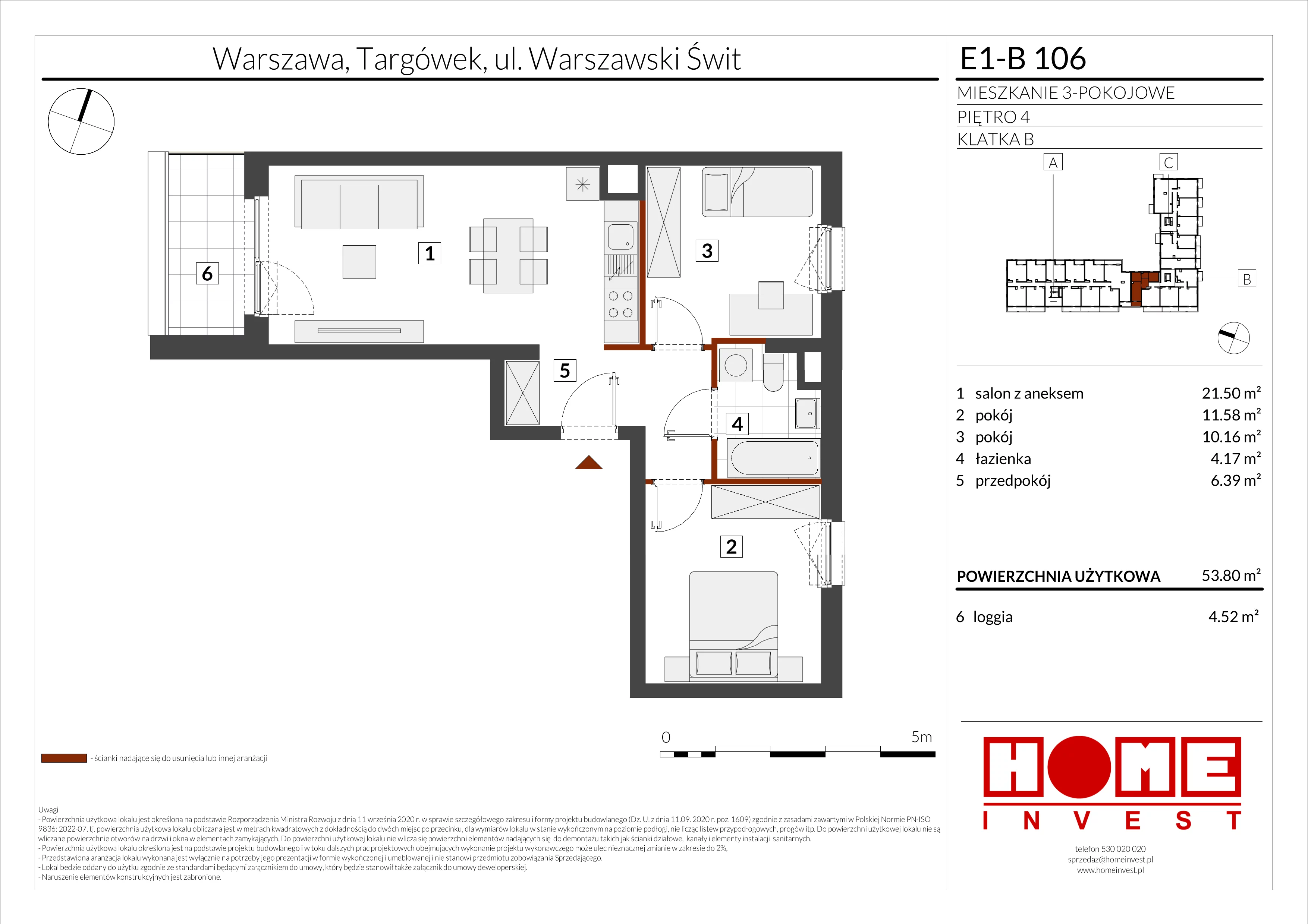 3 pokoje, mieszkanie 53,80 m², piętro 4, oferta nr E1-B106, Warszawski Świt Etap X, Warszawa, Targówek, Bródno, ul. Warszawski Świt