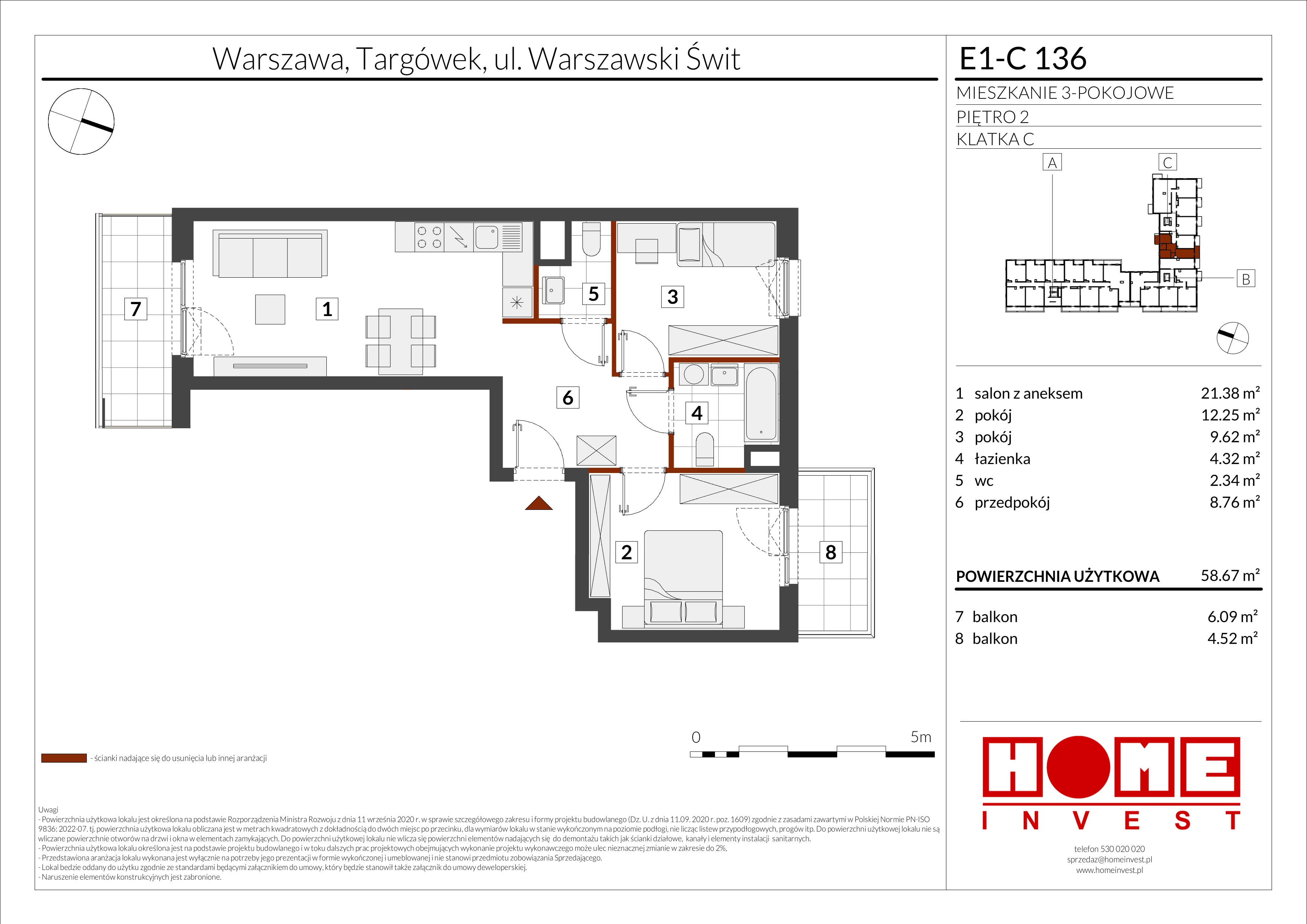 3 pokoje, mieszkanie 58,67 m², piętro 2, oferta nr E1-C136, Warszawski Świt Etap X, Warszawa, Targówek, Bródno, ul. Warszawski Świt