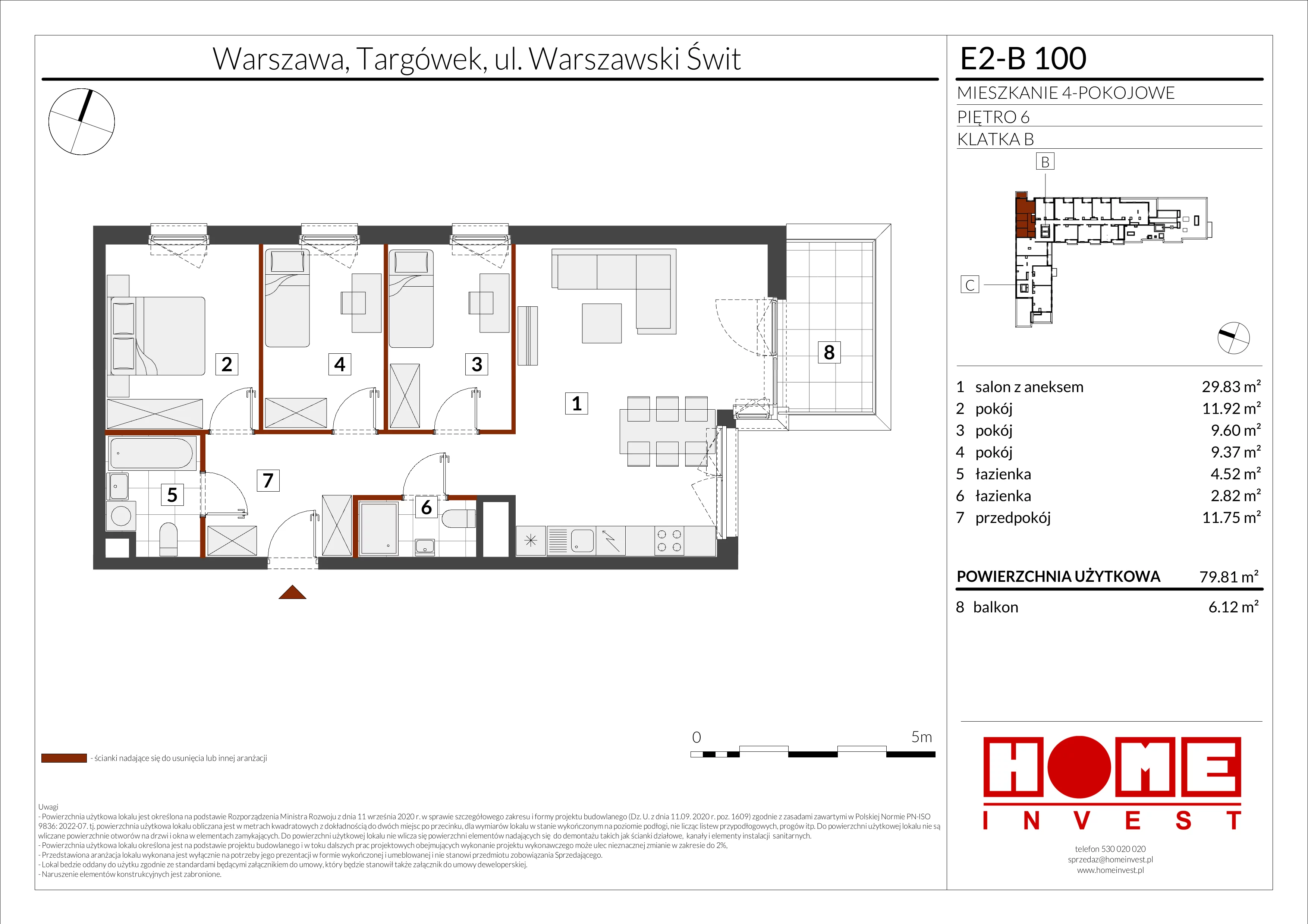 4 pokoje, mieszkanie 79,81 m², piętro 6, oferta nr E2-B100, Warszawski Świt Etap XI, Warszawa, Targówek, Bródno, ul. Warszawski Świt