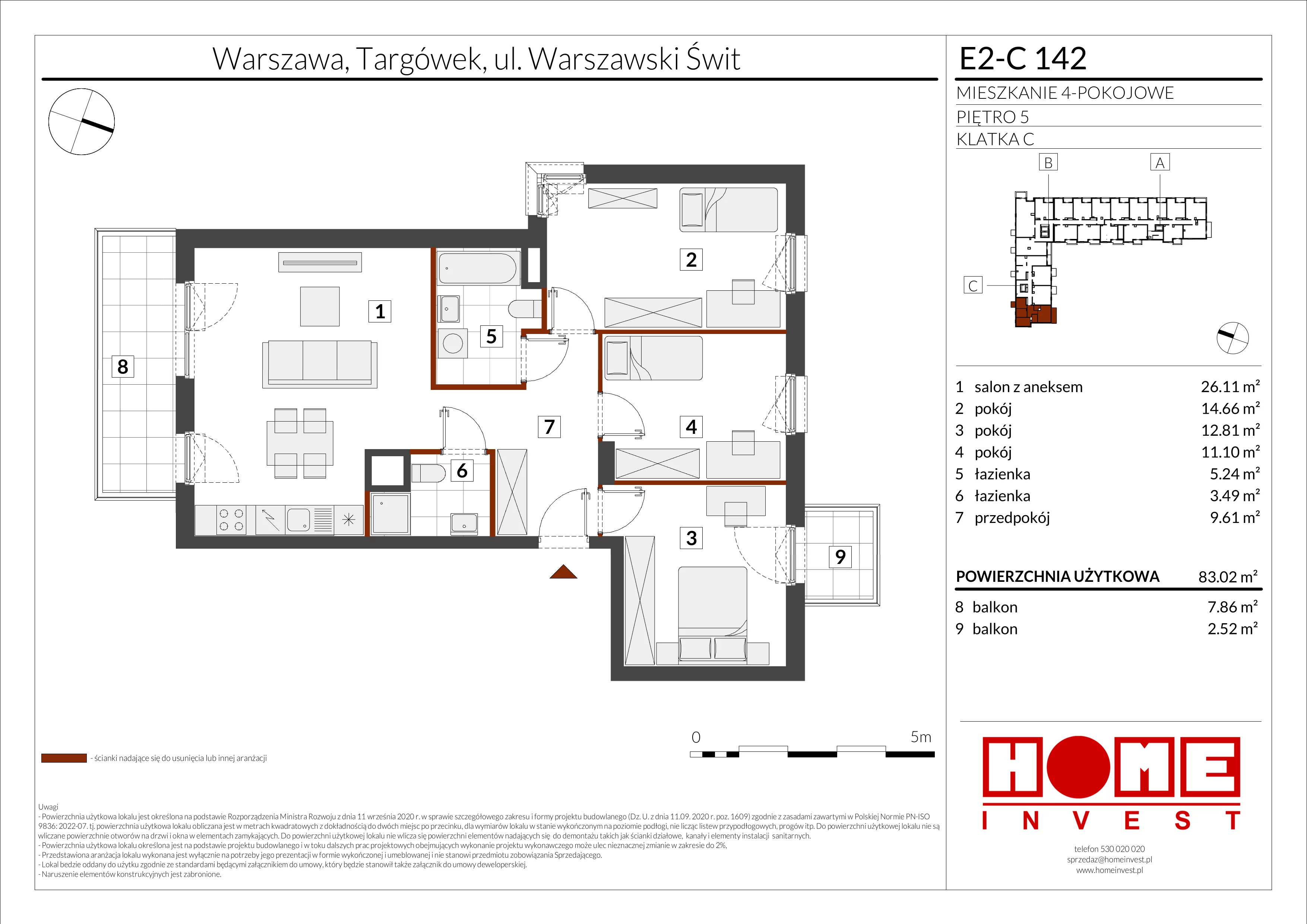4 pokoje, mieszkanie 83,02 m², piętro 5, oferta nr E2-C142, Warszawski Świt Etap XI, Warszawa, Targówek, Bródno, ul. Warszawski Świt