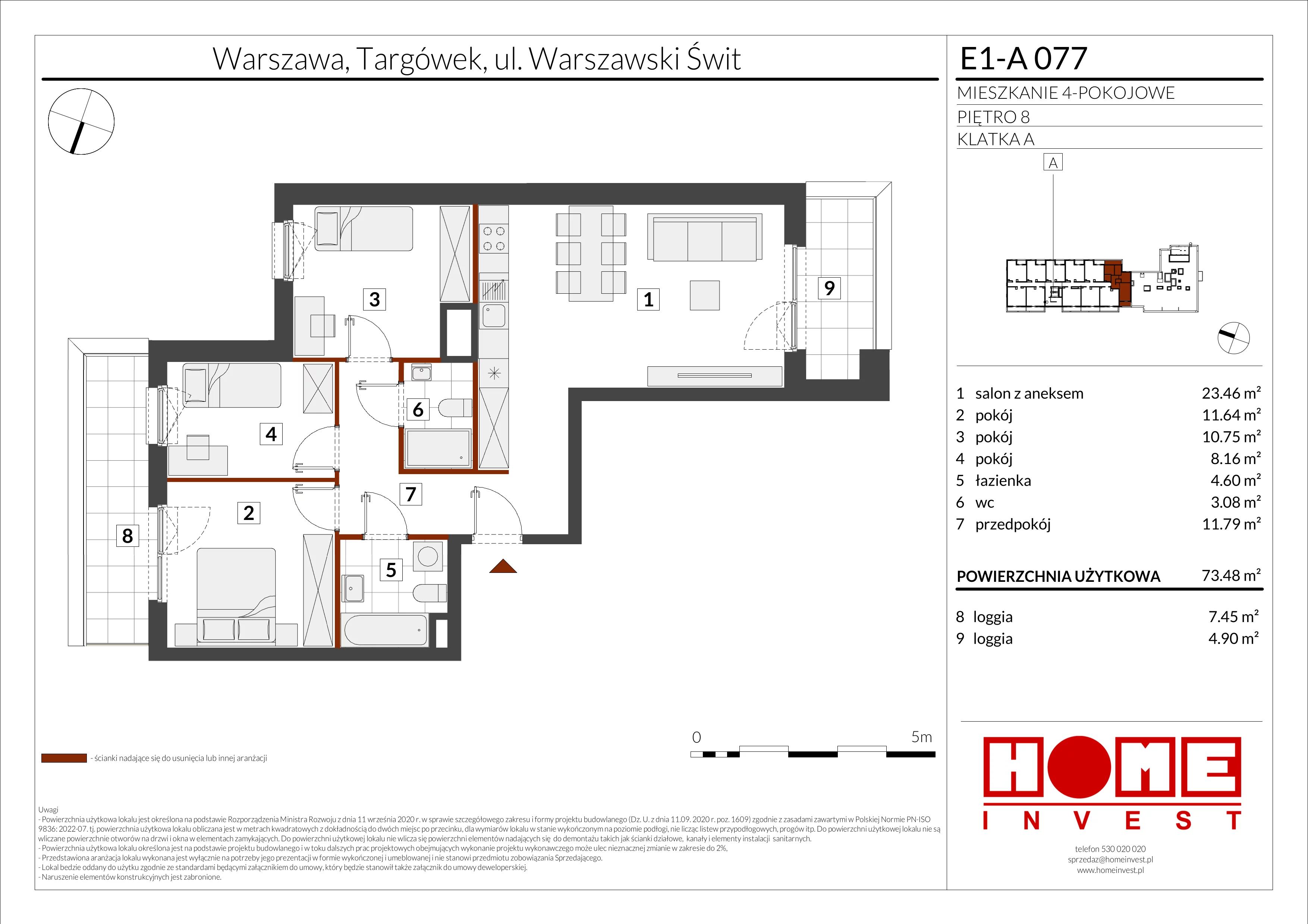 4 pokoje, mieszkanie 73,48 m², piętro 8, oferta nr E1-A077, Warszawski Świt Etap X, Warszawa, Targówek, Bródno, ul. Warszawski Świt