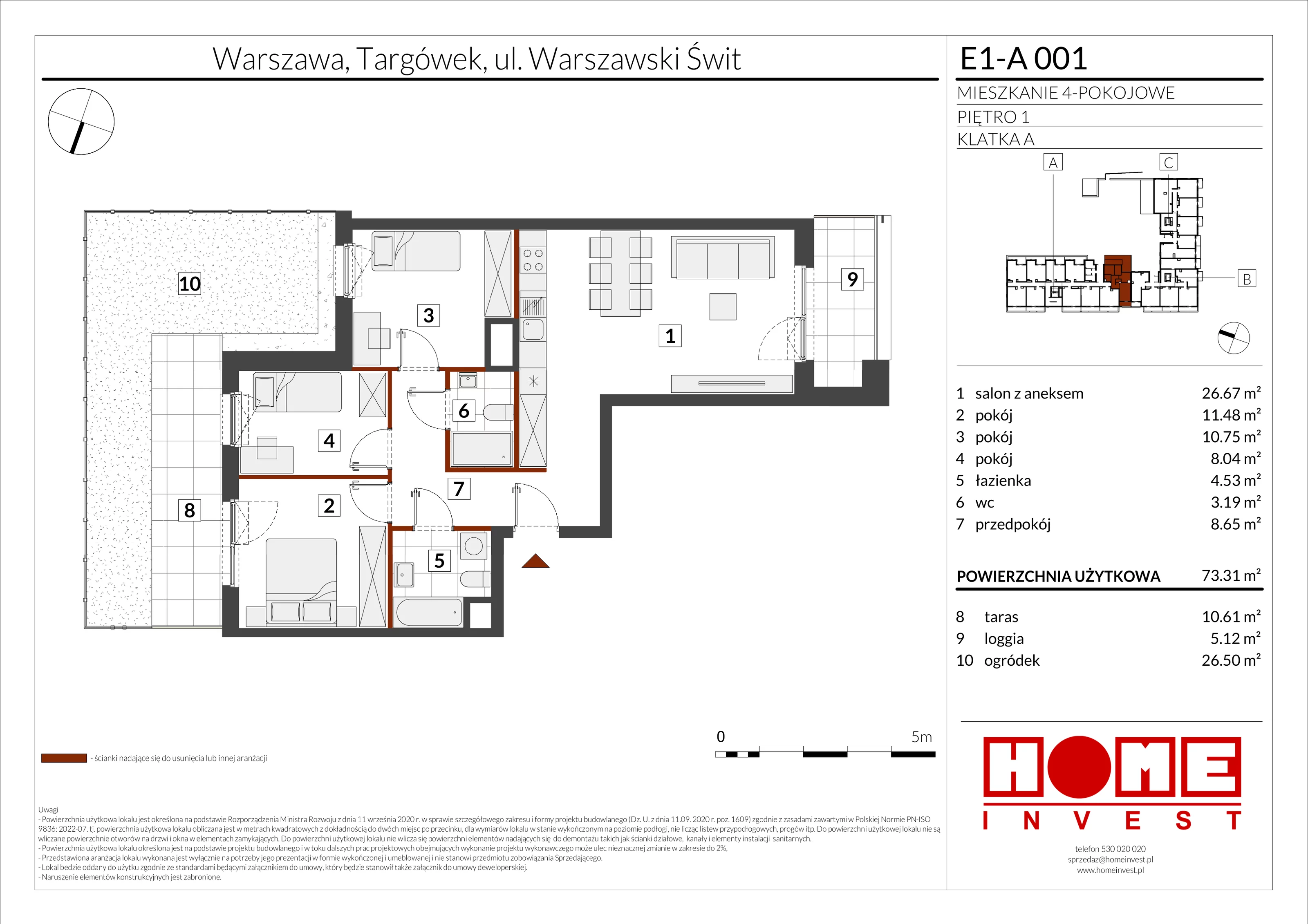4 pokoje, mieszkanie 73,31 m², piętro 1, oferta nr E1-A001, Warszawski Świt Etap X, Warszawa, Targówek, Bródno, ul. Warszawski Świt