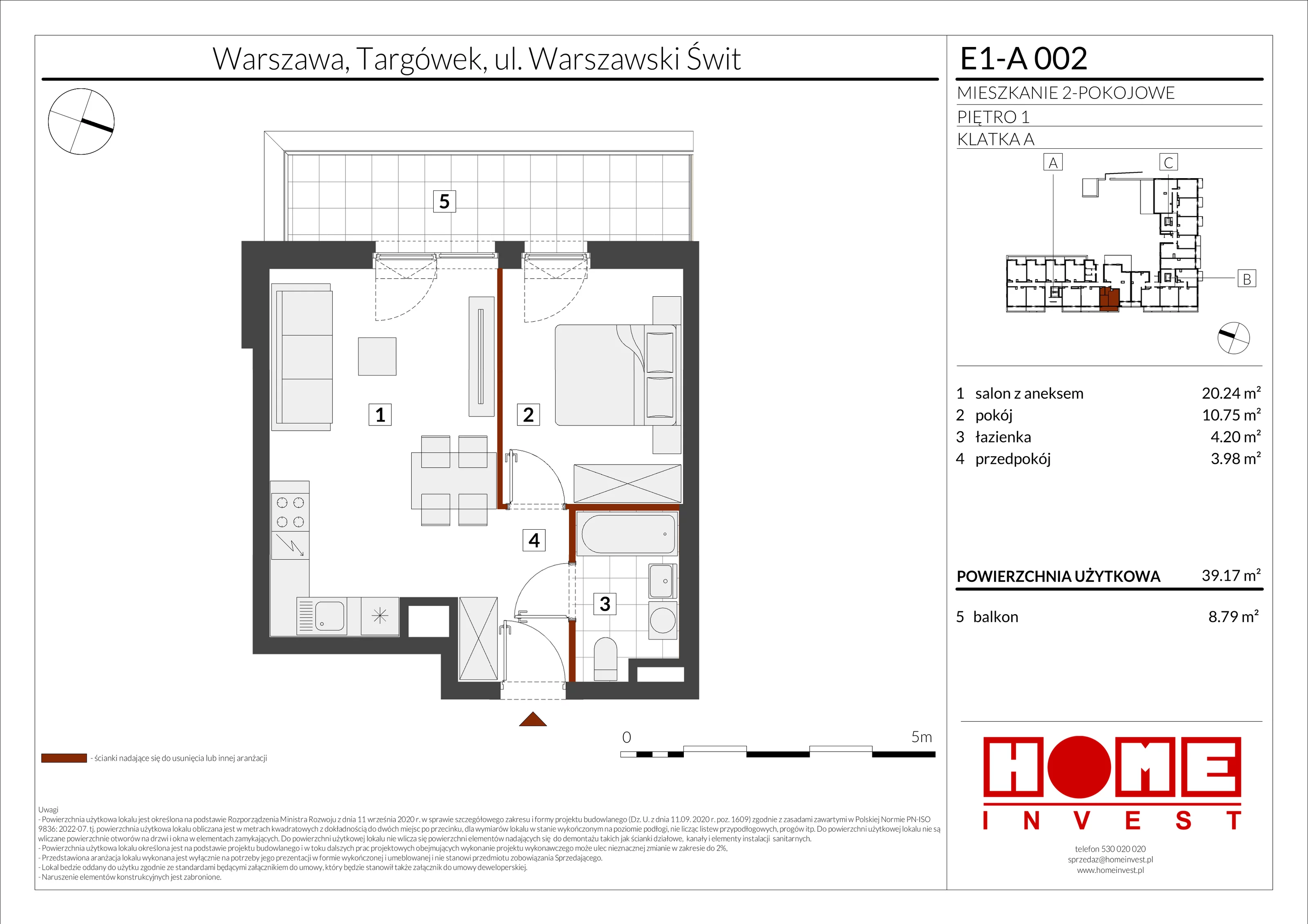 2 pokoje, mieszkanie 39,17 m², piętro 1, oferta nr E1-A002, Warszawski Świt Etap X, Warszawa, Targówek, Bródno, ul. Warszawski Świt