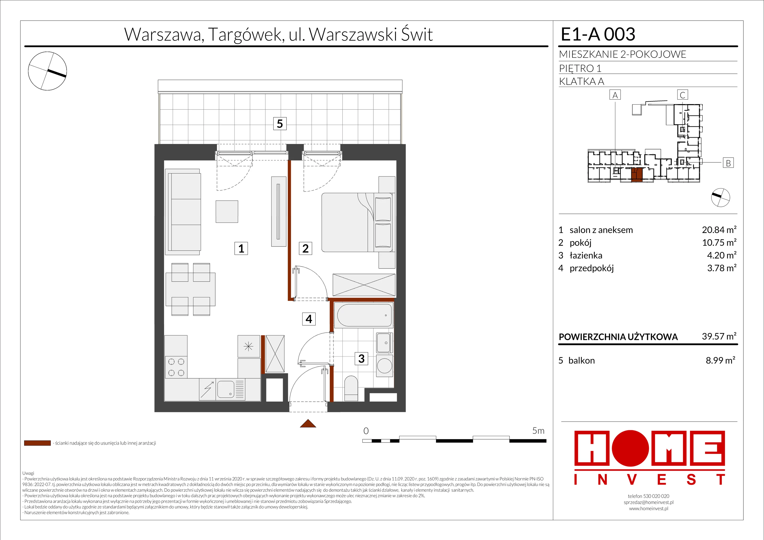 2 pokoje, mieszkanie 39,57 m², piętro 1, oferta nr E1-A003, Warszawski Świt Etap X, Warszawa, Targówek, Bródno, ul. Warszawski Świt
