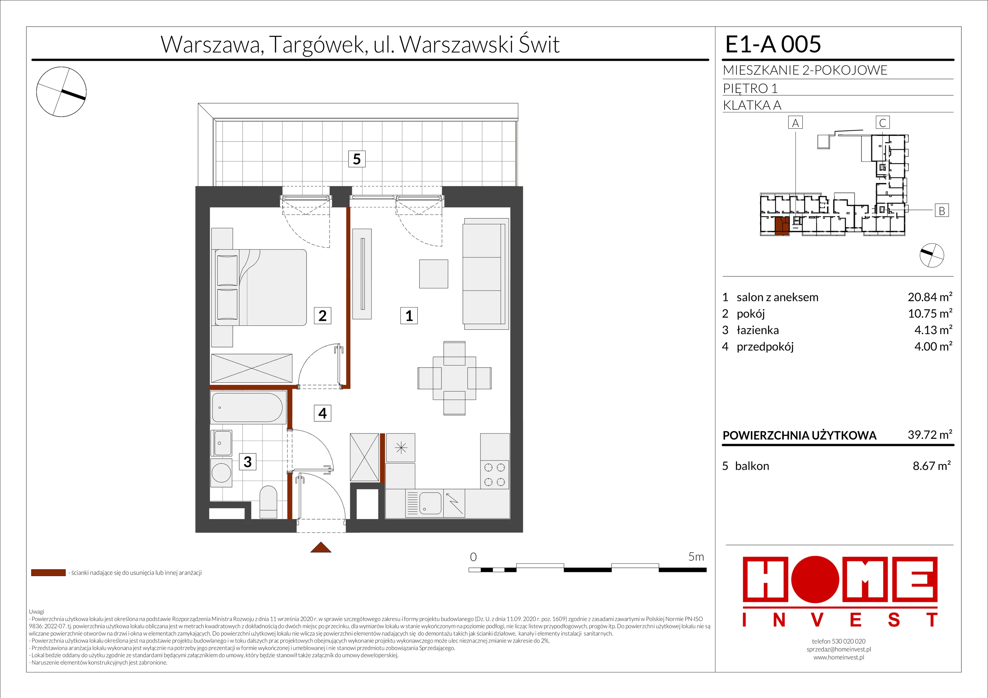 2 pokoje, mieszkanie 39,72 m², piętro 1, oferta nr E1-A005, Warszawski Świt Etap X, Warszawa, Targówek, Bródno, ul. Warszawski Świt