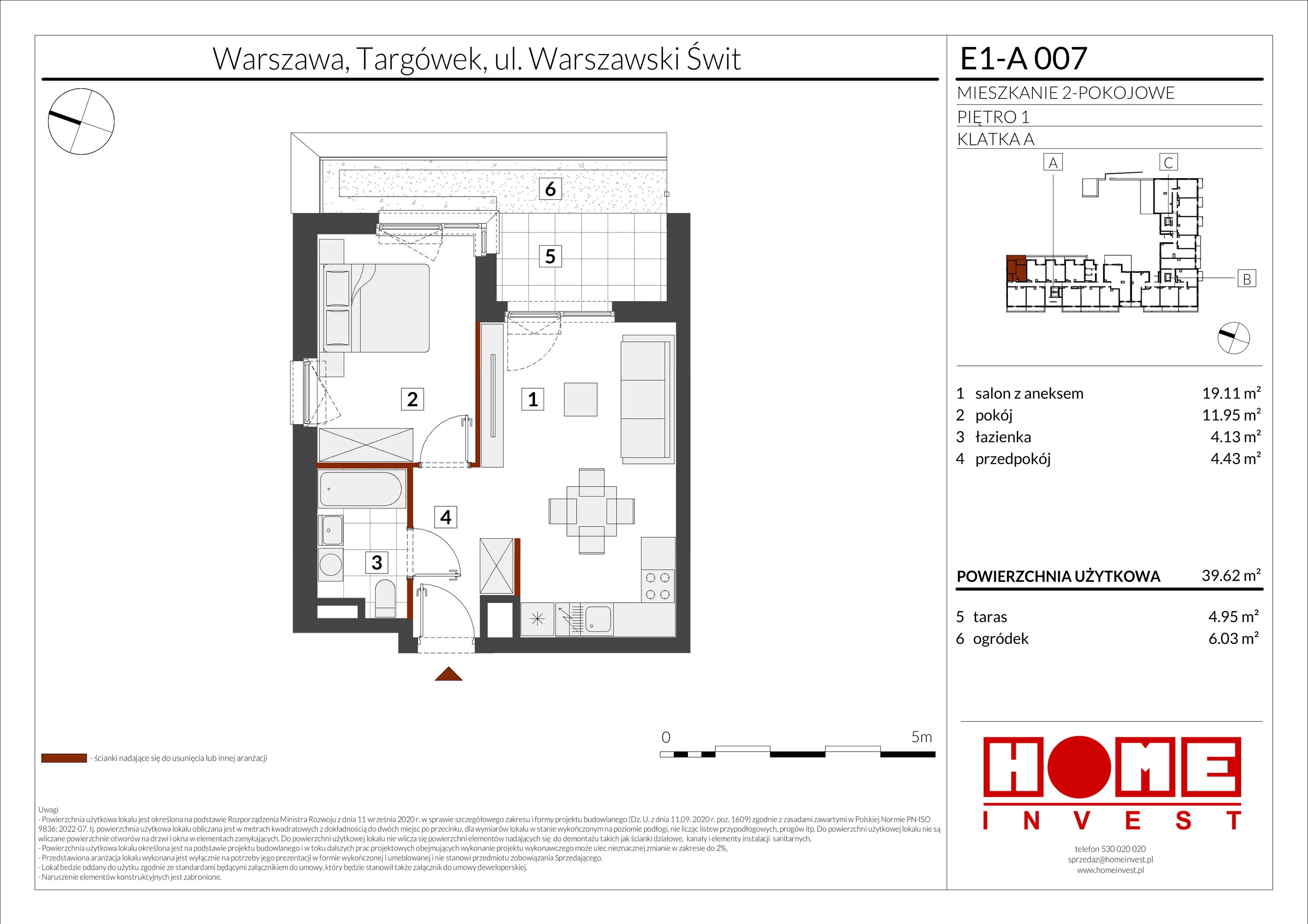2 pokoje, mieszkanie 39,62 m², piętro 1, oferta nr E1-A007, Warszawski Świt Etap X, Warszawa, Targówek, Bródno, ul. Warszawski Świt
