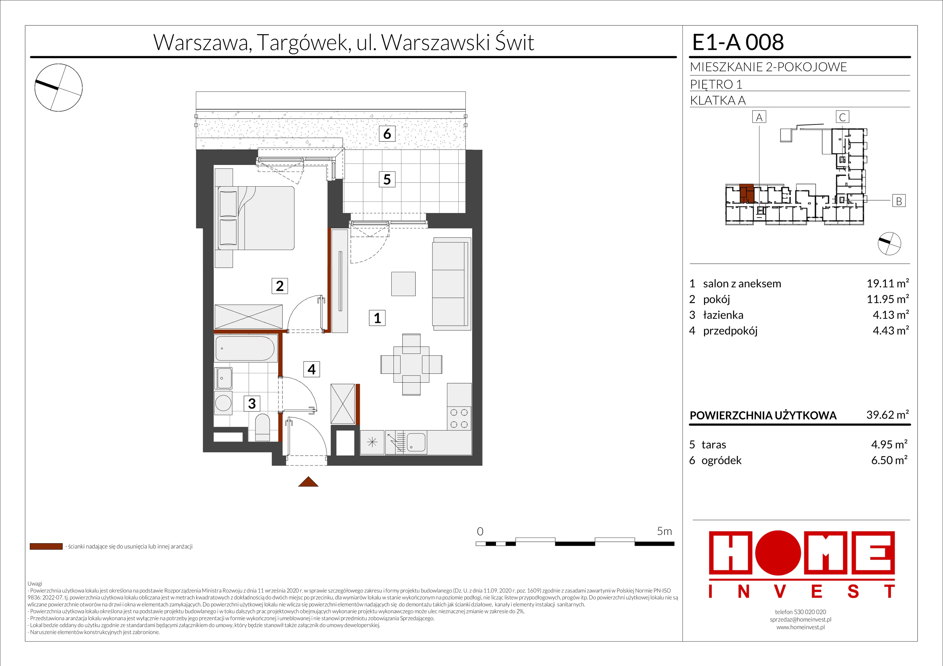 2 pokoje, mieszkanie 39,62 m², piętro 1, oferta nr E1-A008, Warszawski Świt Etap X, Warszawa, Targówek, Bródno, ul. Warszawski Świt