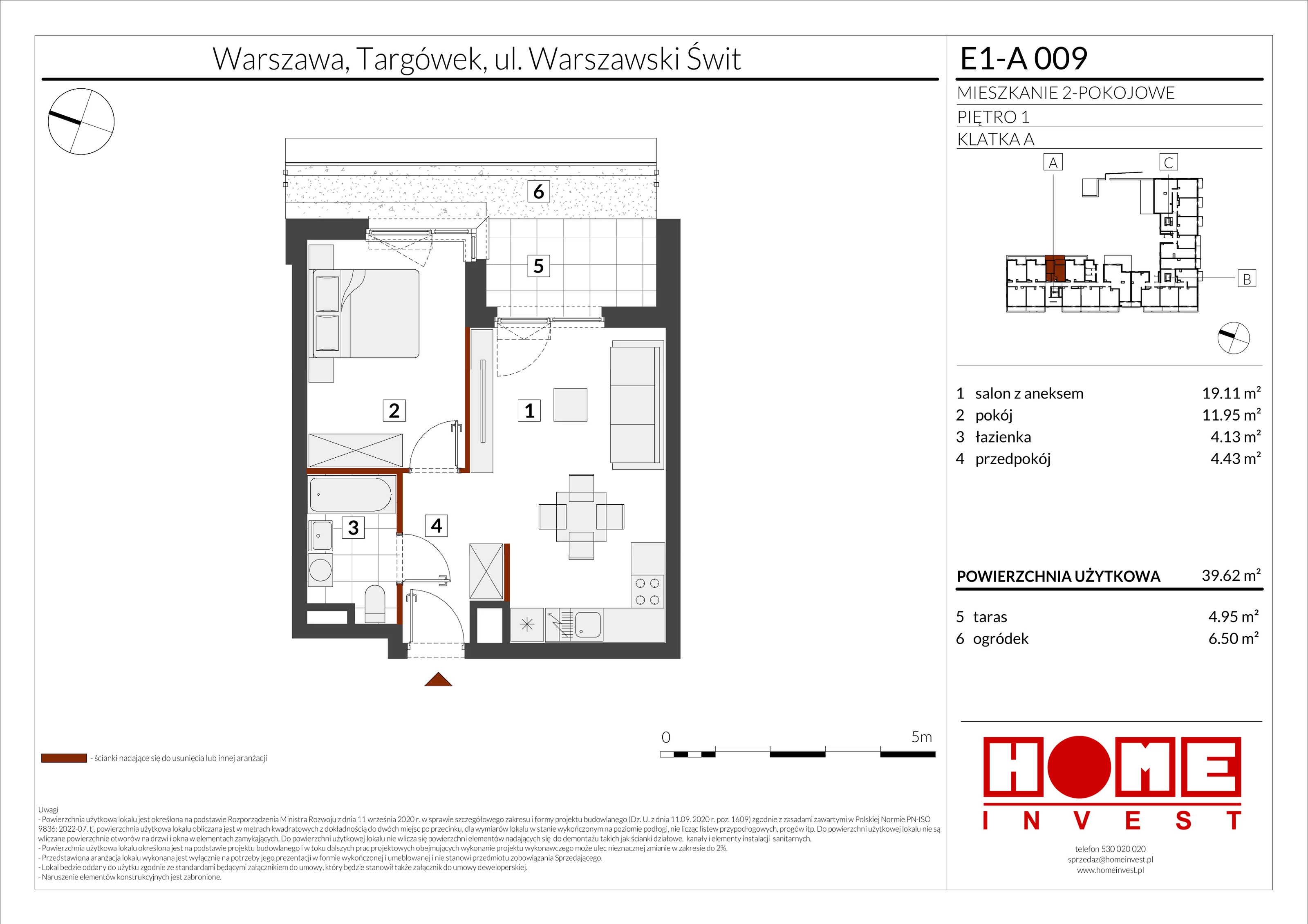 2 pokoje, mieszkanie 39,62 m², piętro 1, oferta nr E1-A009, Warszawski Świt Etap X, Warszawa, Targówek, Bródno, ul. Warszawski Świt