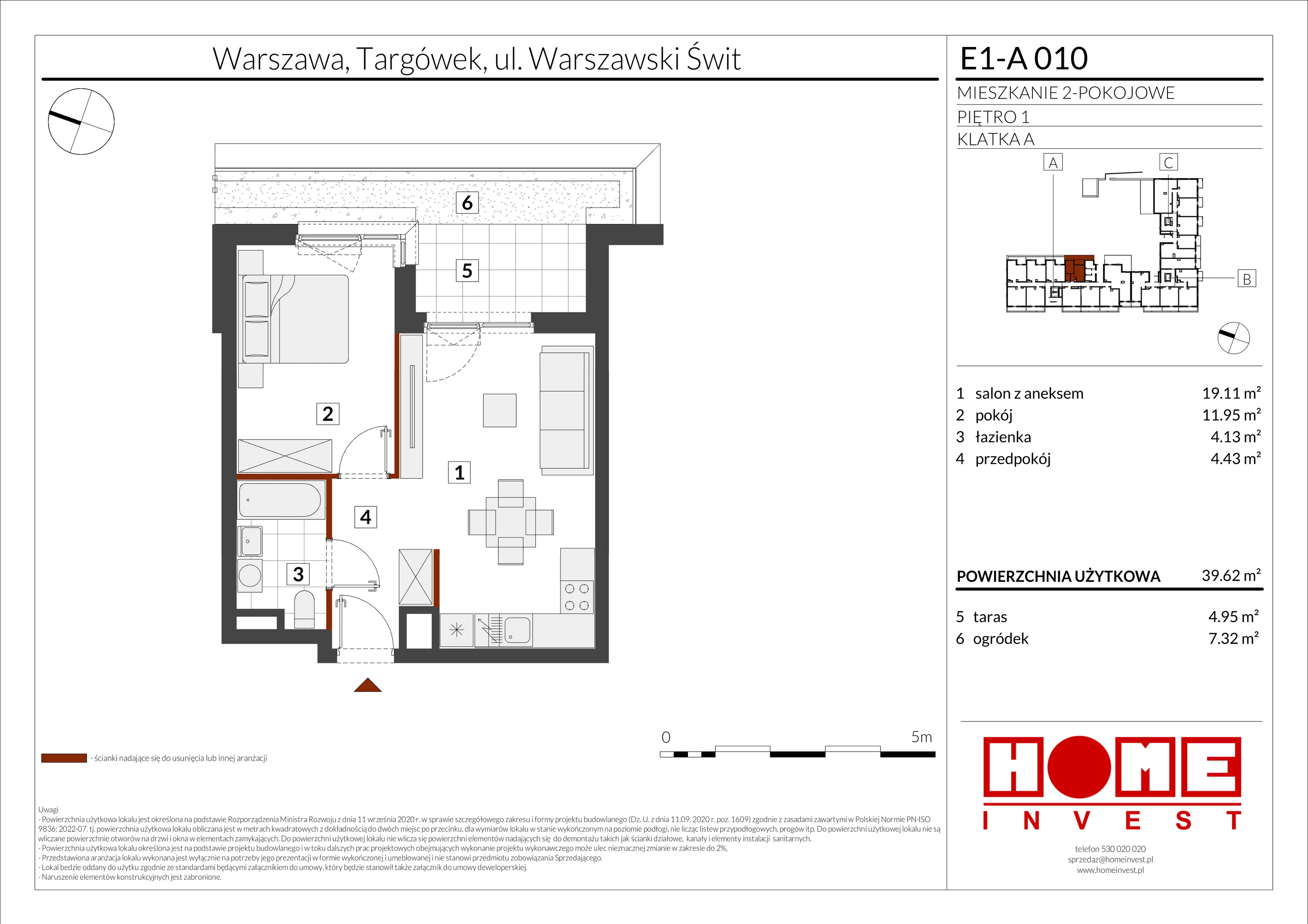 2 pokoje, mieszkanie 39,62 m², piętro 1, oferta nr E1-A010, Warszawski Świt Etap X, Warszawa, Targówek, Bródno, ul. Warszawski Świt