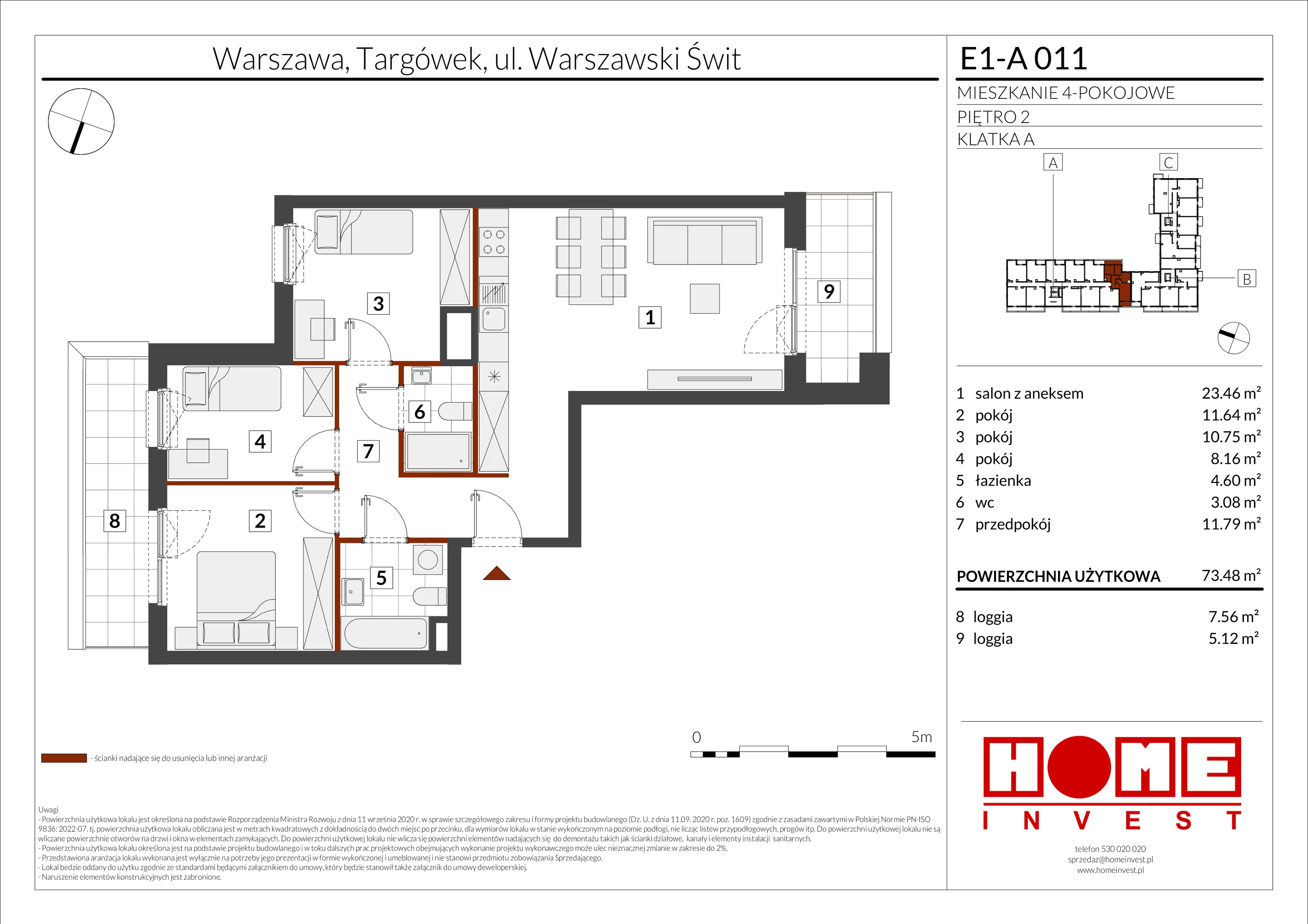 4 pokoje, mieszkanie 73,48 m², piętro 2, oferta nr E1-A011, Warszawski Świt Etap X, Warszawa, Targówek, Bródno, ul. Warszawski Świt