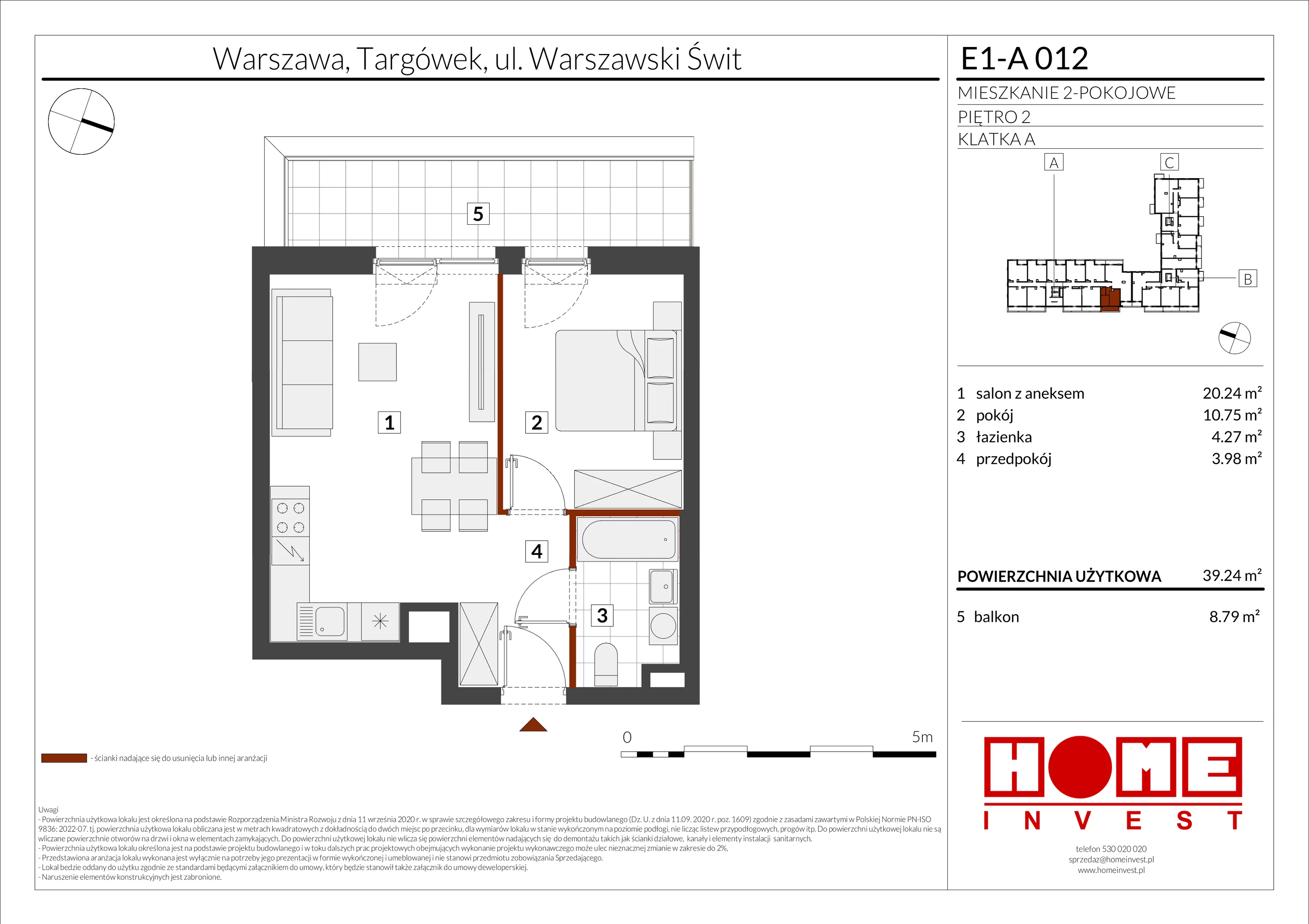 2 pokoje, mieszkanie 39,24 m², piętro 2, oferta nr E1-A012, Warszawski Świt Etap X, Warszawa, Targówek, Bródno, ul. Warszawski Świt
