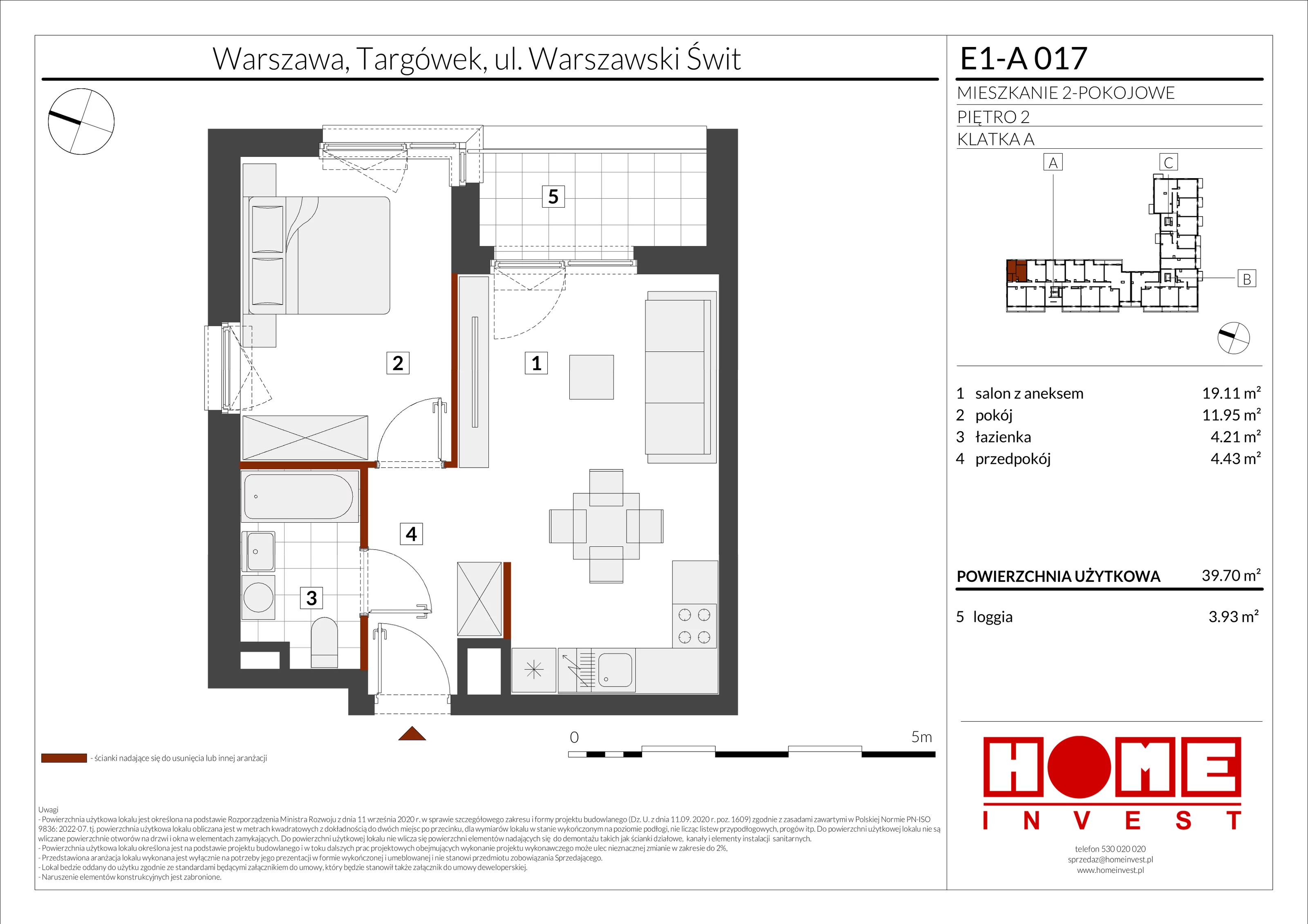 2 pokoje, mieszkanie 39,70 m², piętro 2, oferta nr E1-A017, Warszawski Świt Etap X, Warszawa, Targówek, Bródno, ul. Warszawski Świt