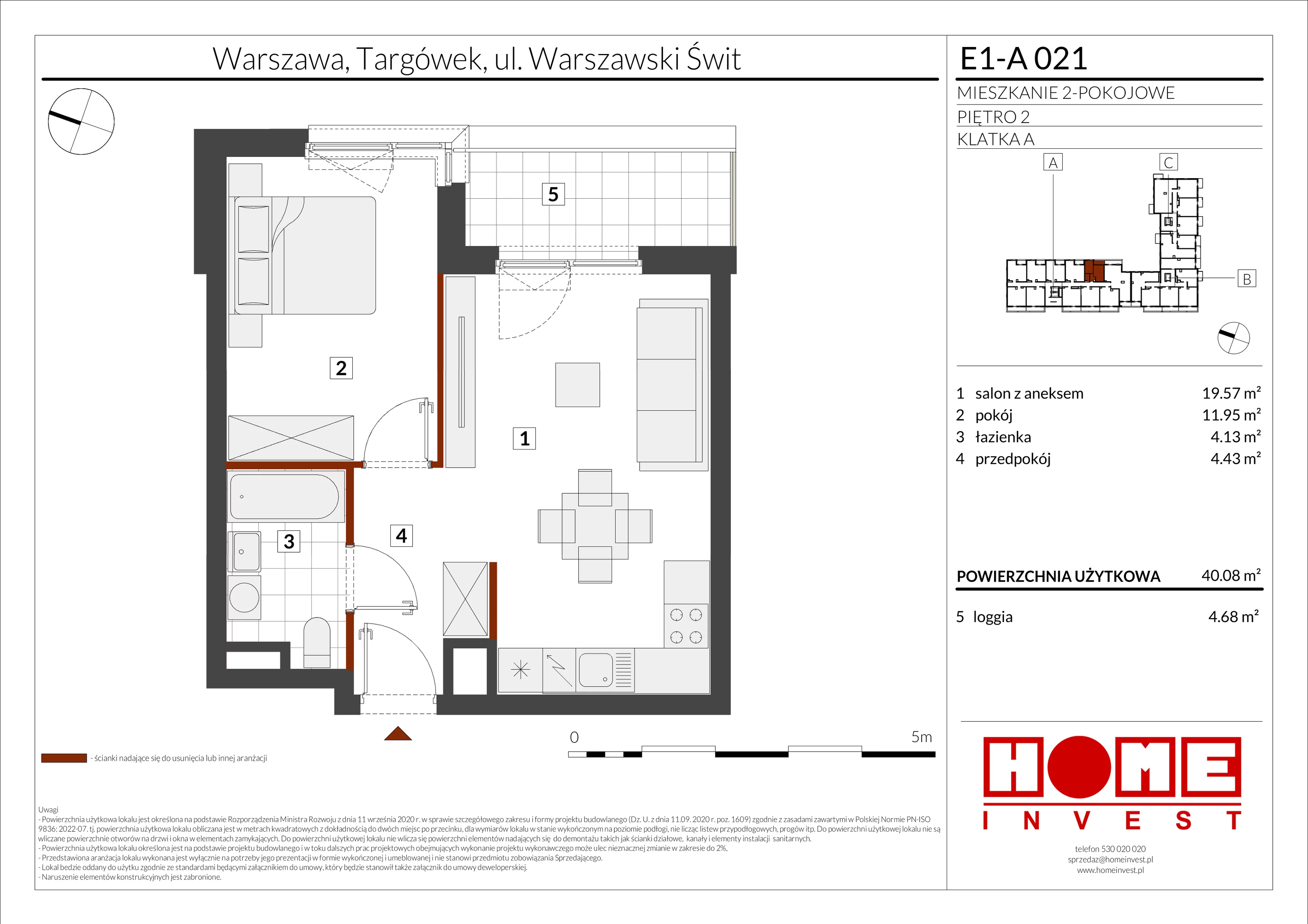 2 pokoje, mieszkanie 40,08 m², piętro 2, oferta nr E1-A021, Warszawski Świt Etap X, Warszawa, Targówek, Bródno, ul. Warszawski Świt