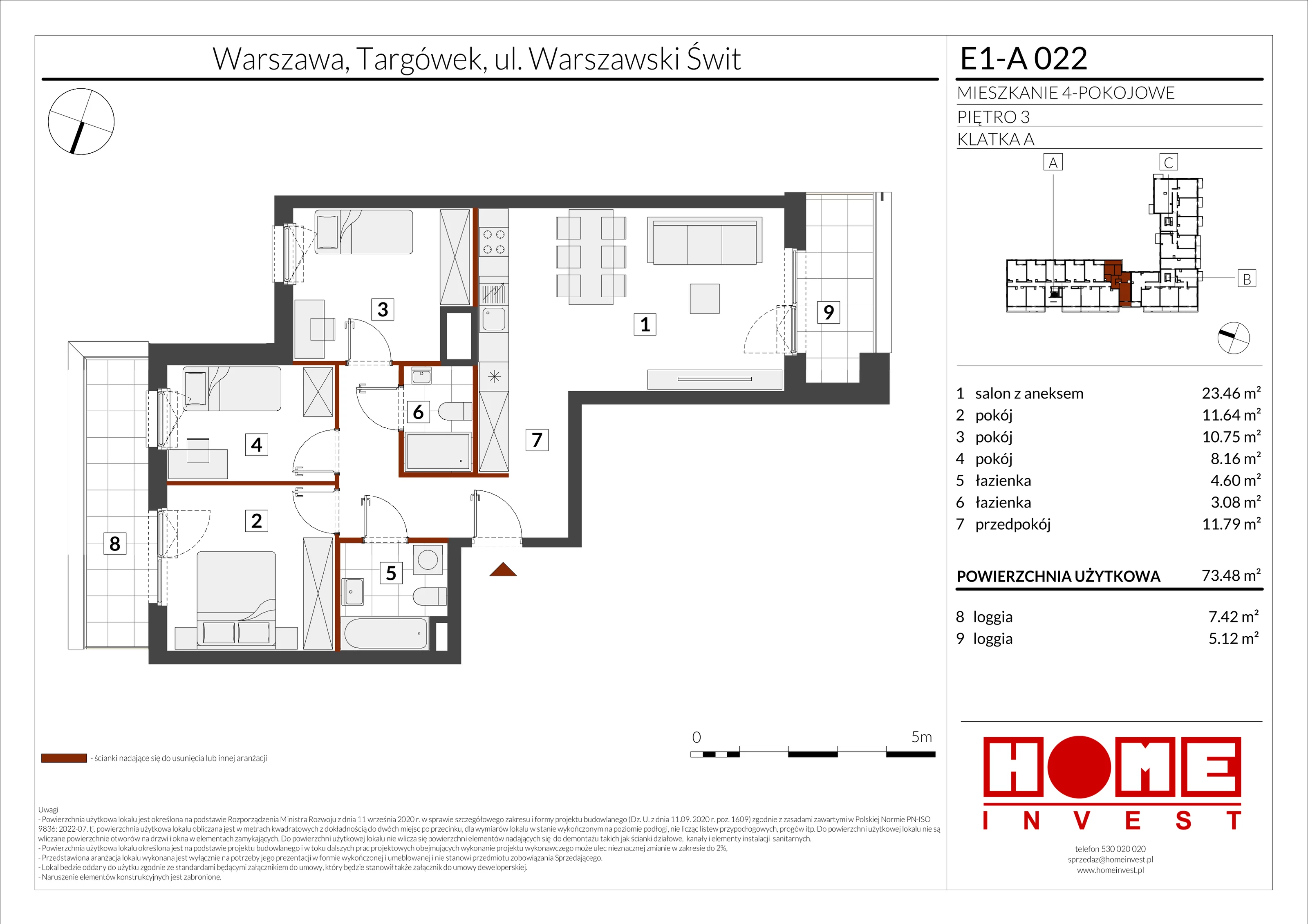 4 pokoje, mieszkanie 73,48 m², piętro 3, oferta nr E1-A022, Warszawski Świt Etap X, Warszawa, Targówek, Bródno, ul. Warszawski Świt