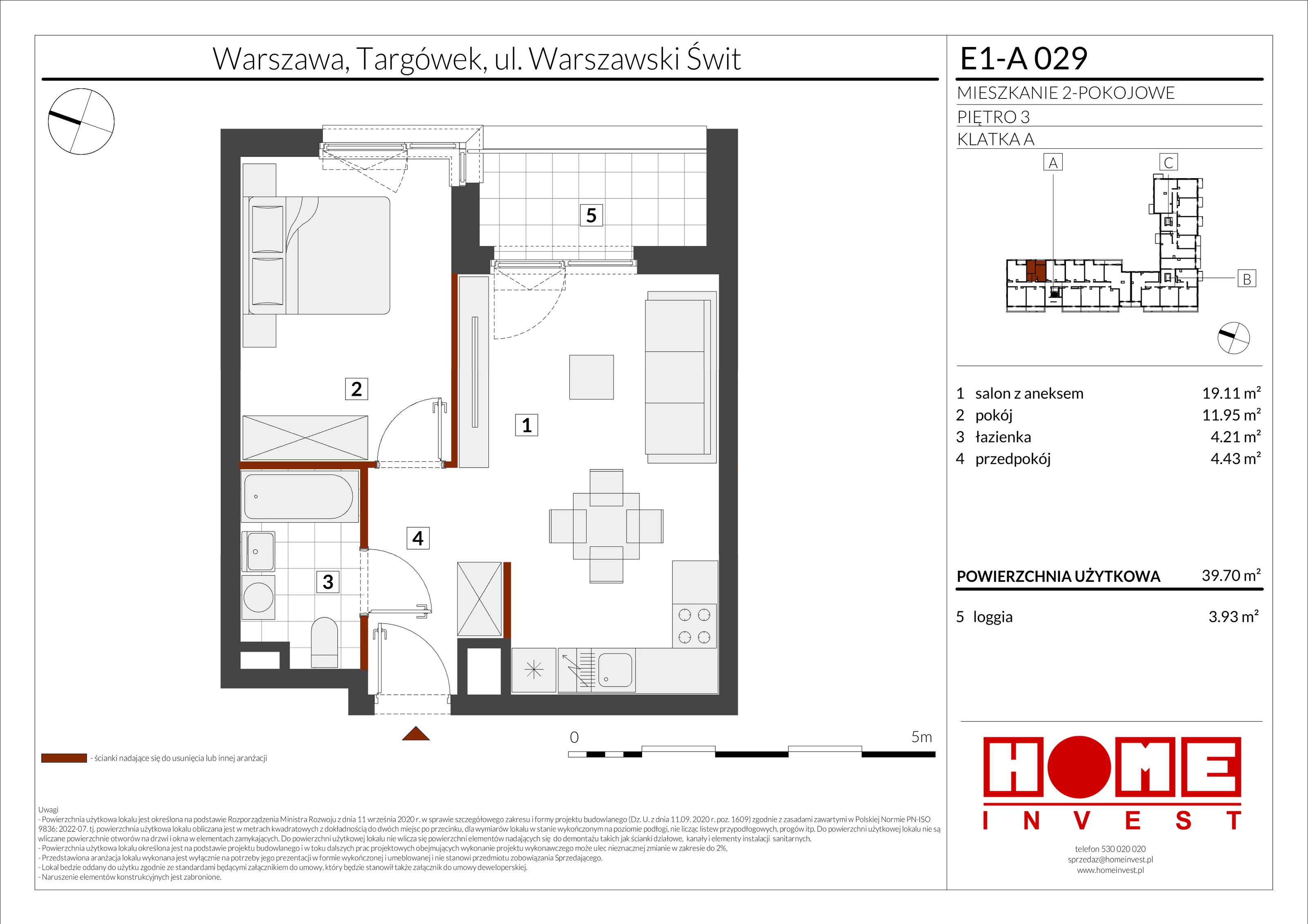 2 pokoje, mieszkanie 39,70 m², piętro 3, oferta nr E1-A029, Warszawski Świt Etap X, Warszawa, Targówek, Bródno, ul. Warszawski Świt