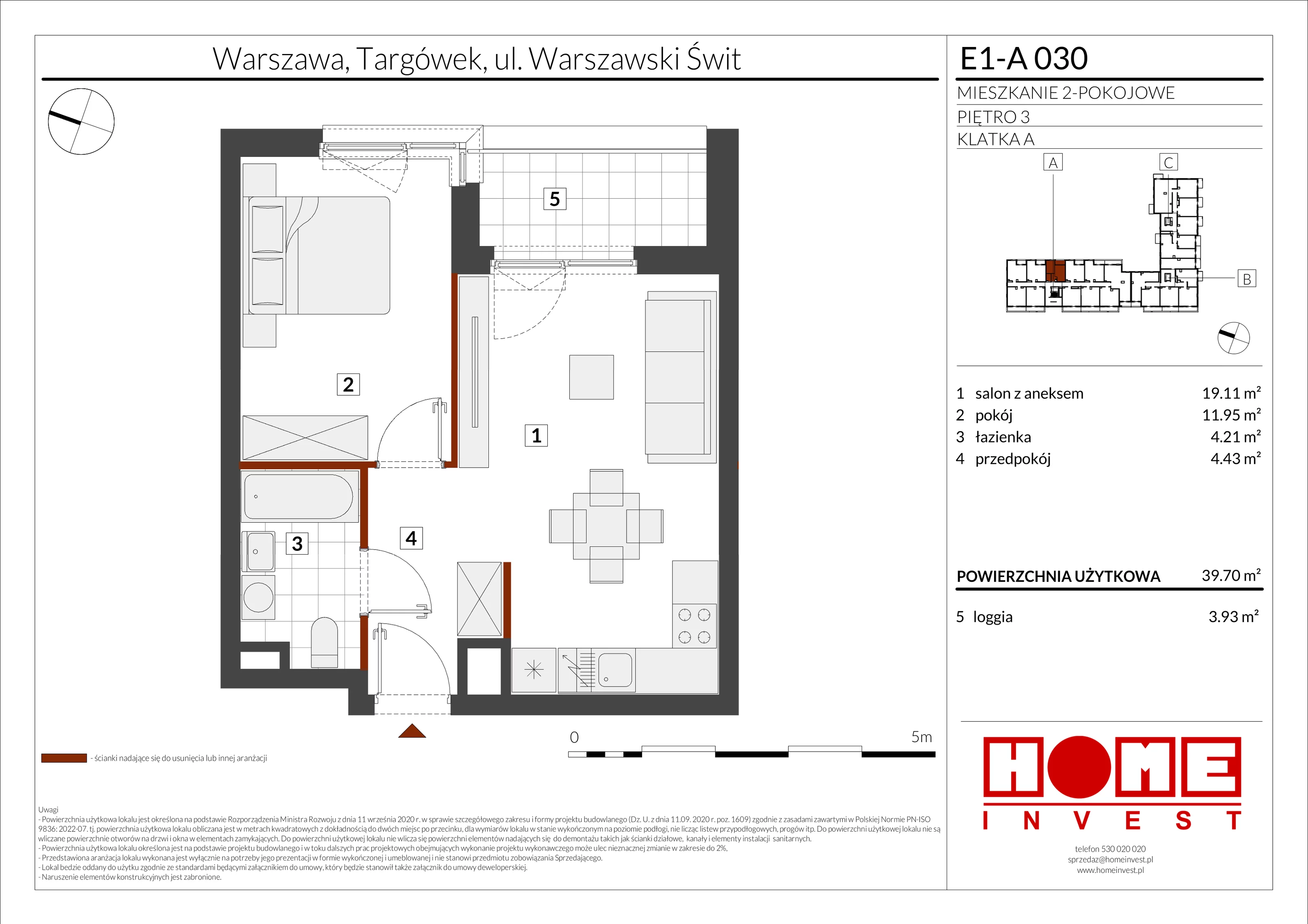 2 pokoje, mieszkanie 39,70 m², piętro 3, oferta nr E1-A030, Warszawski Świt Etap X, Warszawa, Targówek, Bródno, ul. Warszawski Świt