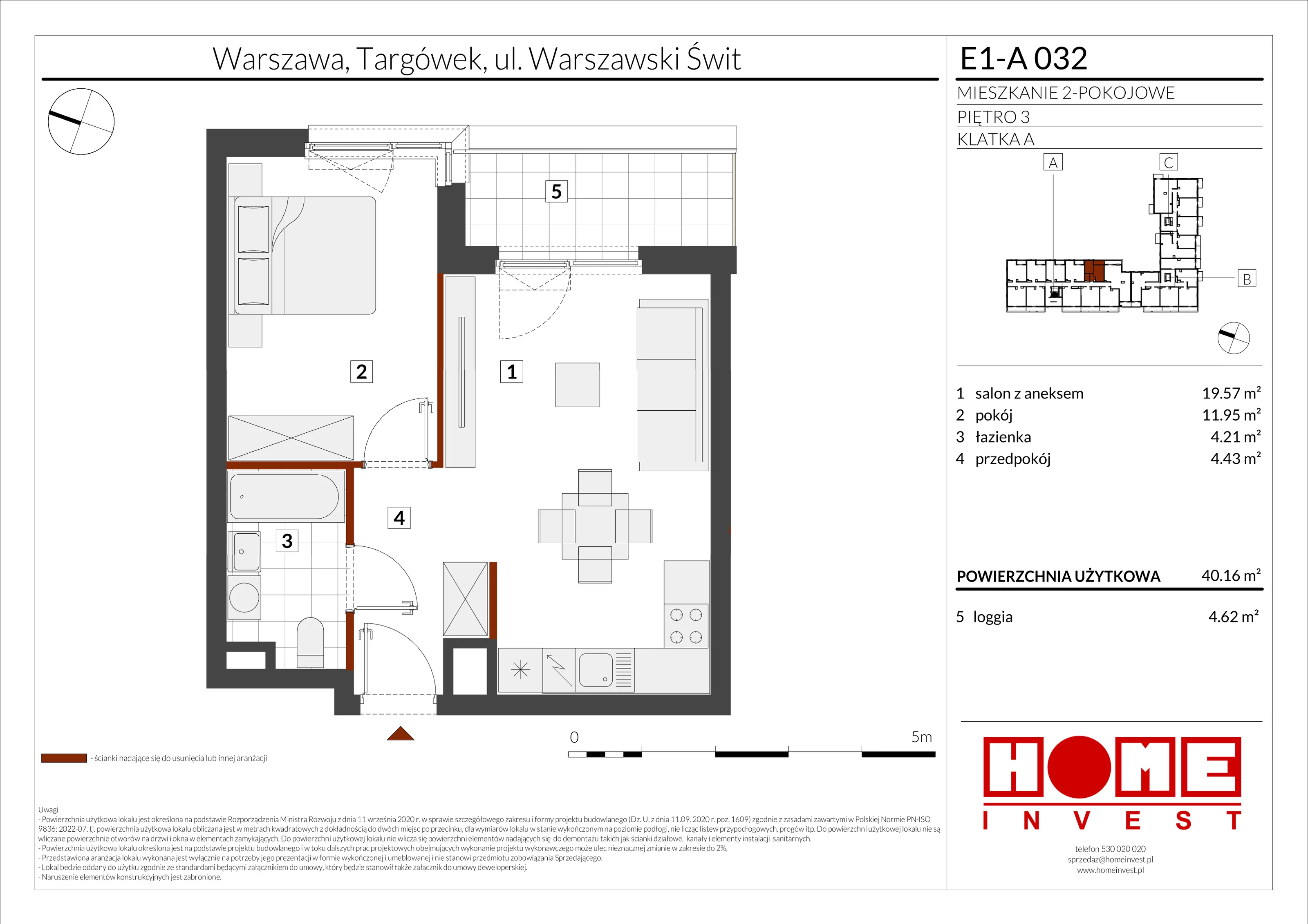 2 pokoje, mieszkanie 40,16 m², piętro 3, oferta nr E1-A032, Warszawski Świt Etap X, Warszawa, Targówek, Bródno, ul. Warszawski Świt