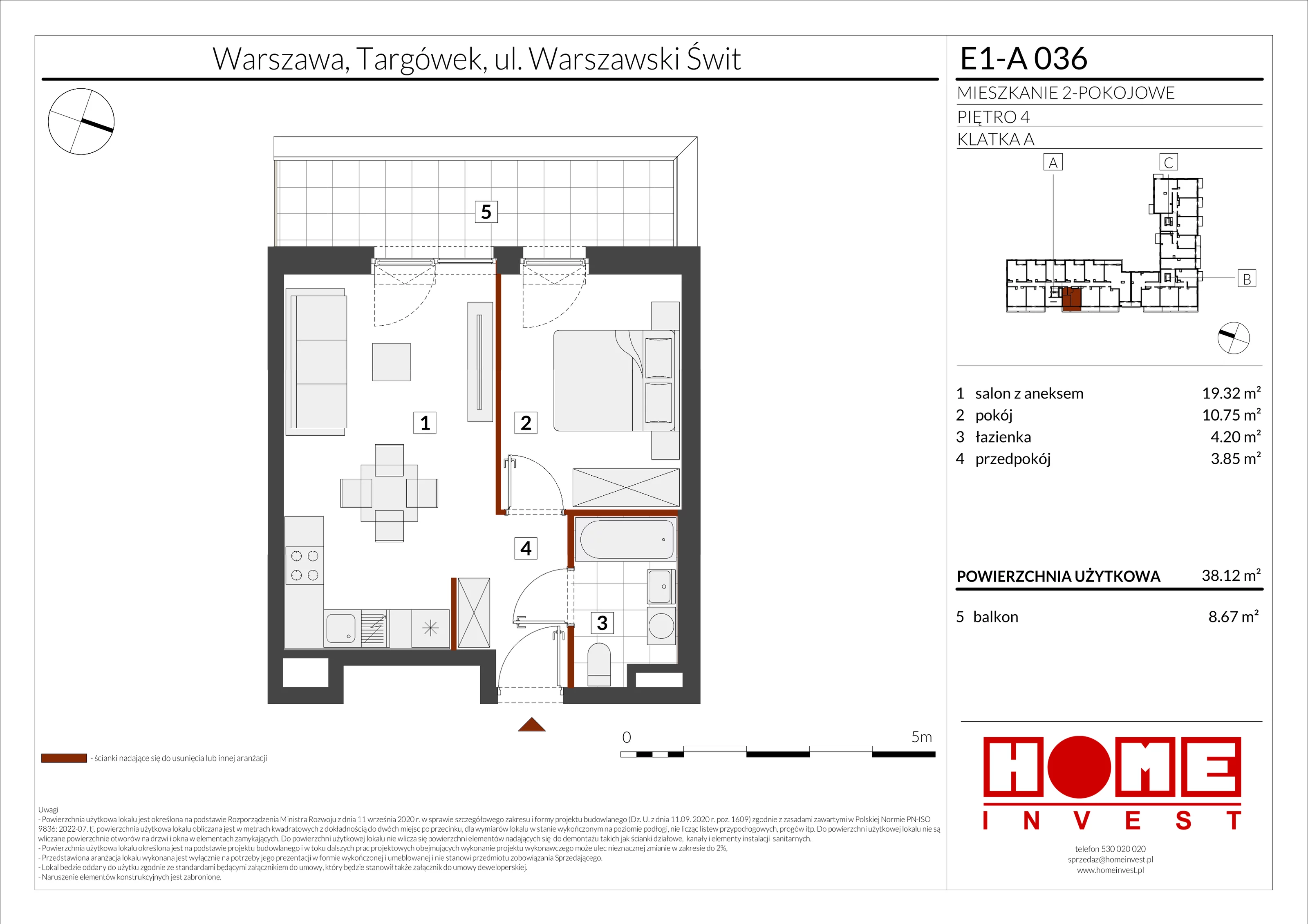 2 pokoje, mieszkanie 38,12 m², piętro 4, oferta nr E1-A036, Warszawski Świt Etap X, Warszawa, Targówek, Bródno, ul. Warszawski Świt