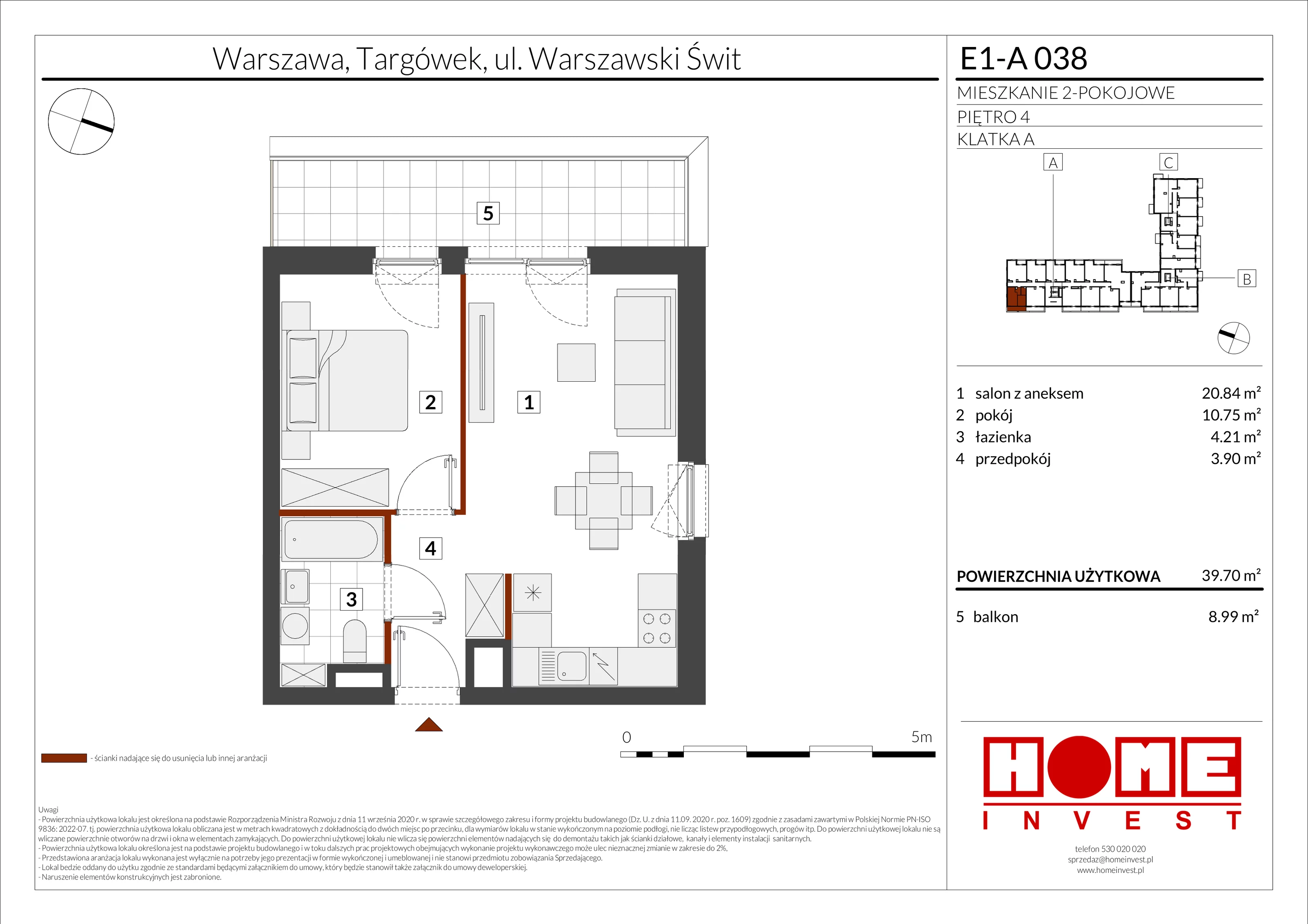 2 pokoje, mieszkanie 39,70 m², piętro 4, oferta nr E1-A038, Warszawski Świt Etap X, Warszawa, Targówek, Bródno, ul. Warszawski Świt