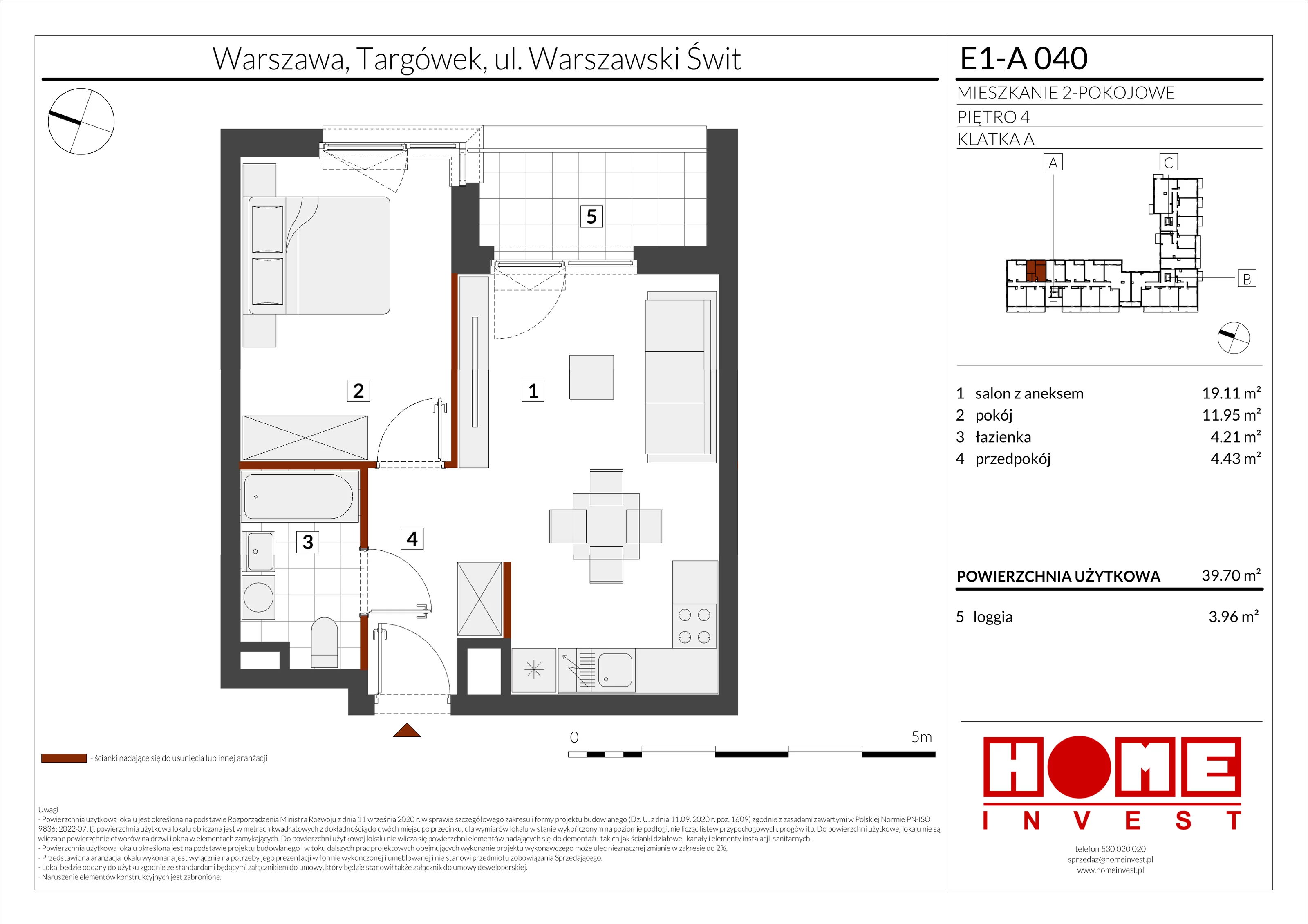 2 pokoje, mieszkanie 39,70 m², piętro 4, oferta nr E1-A040, Warszawski Świt Etap X, Warszawa, Targówek, Bródno, ul. Warszawski Świt