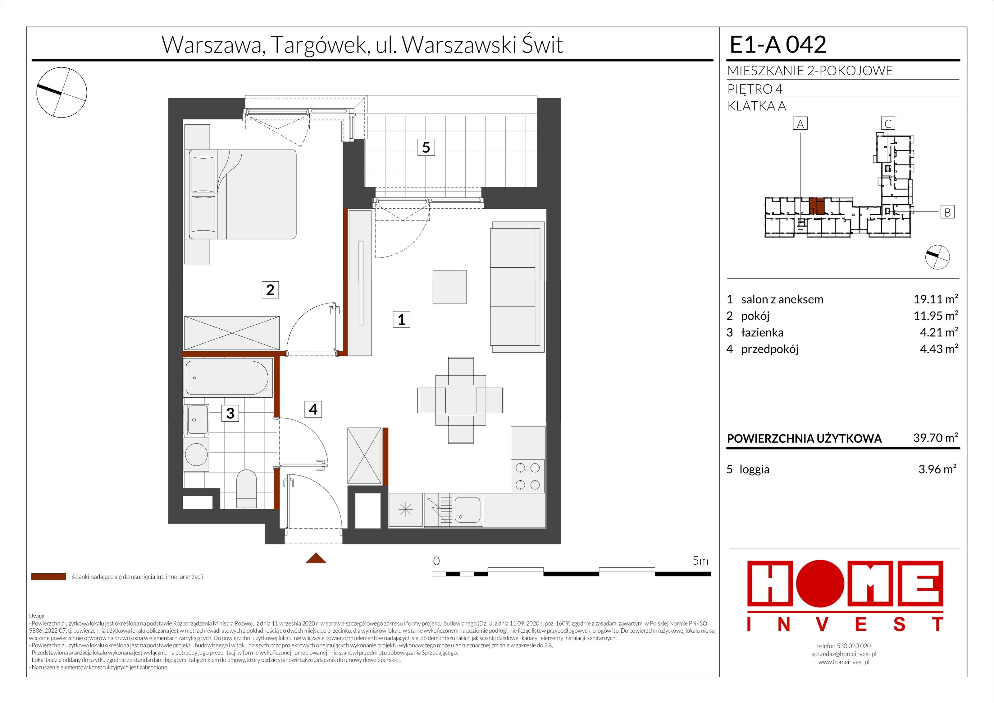 2 pokoje, mieszkanie 39,70 m², piętro 4, oferta nr E1-A042, Warszawski Świt Etap X, Warszawa, Targówek, Bródno, ul. Warszawski Świt