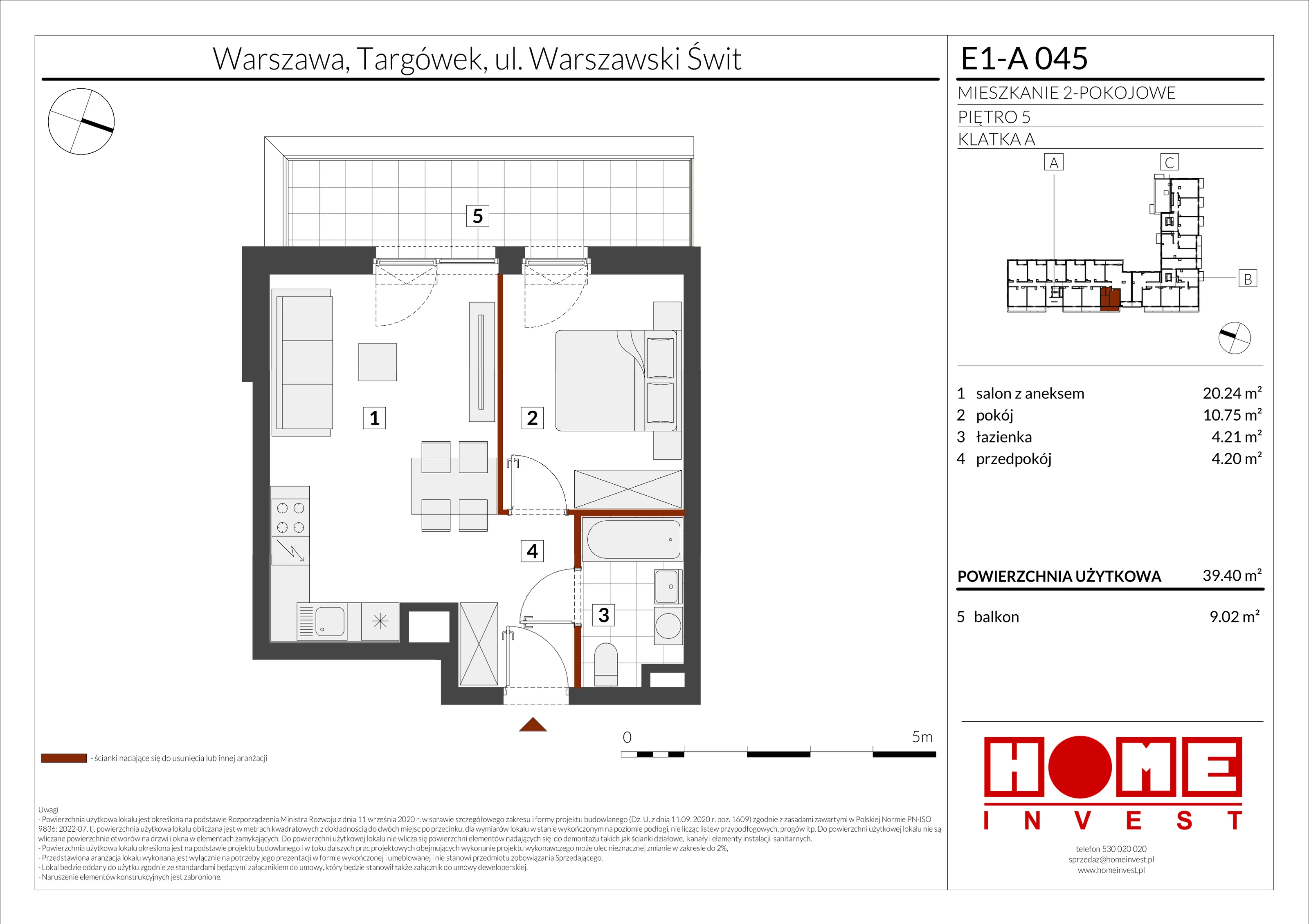 2 pokoje, mieszkanie 39,40 m², piętro 5, oferta nr E1-A045, Warszawski Świt Etap X, Warszawa, Targówek, Bródno, ul. Warszawski Świt