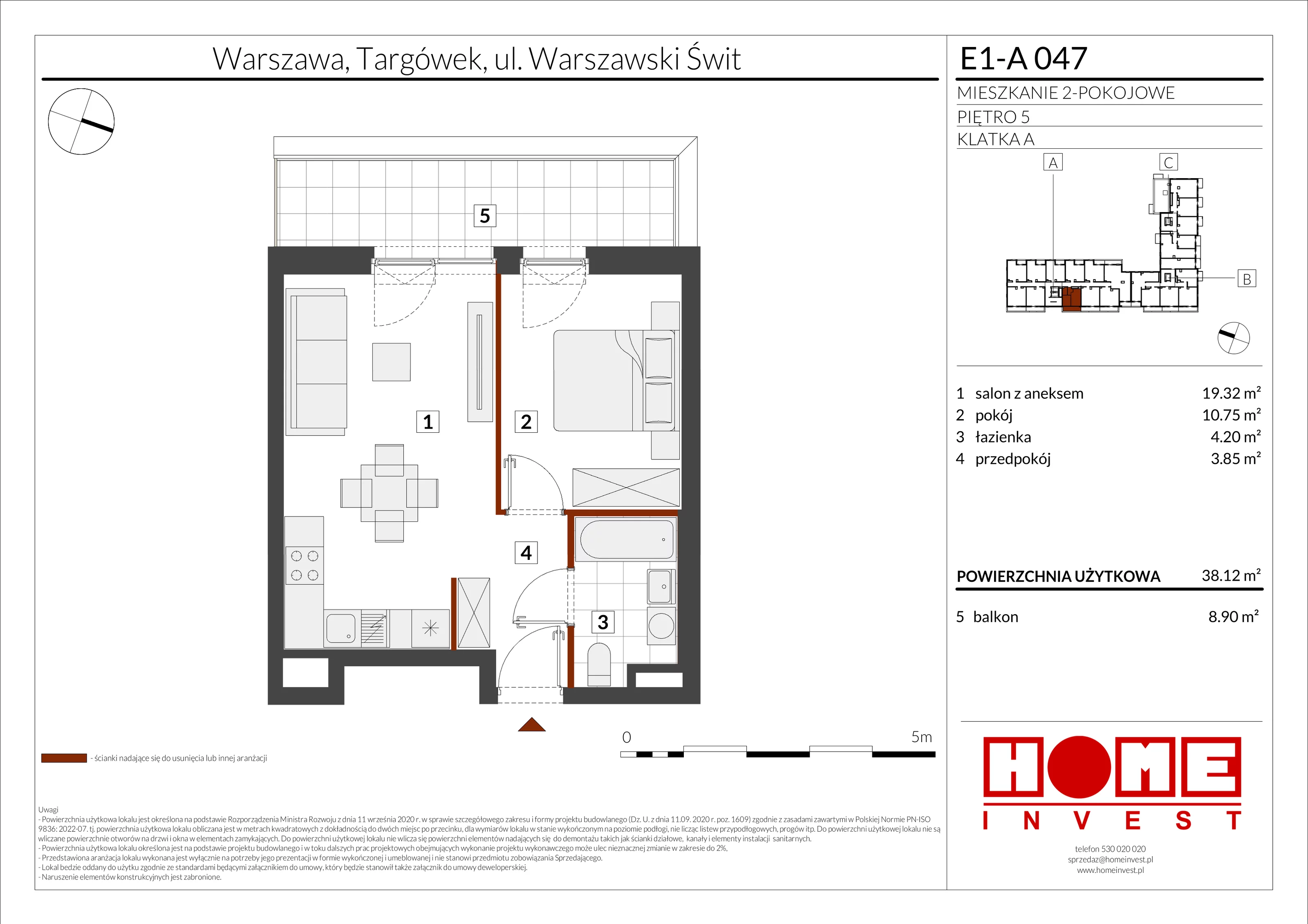2 pokoje, mieszkanie 38,12 m², piętro 5, oferta nr E1-A047, Warszawski Świt Etap X, Warszawa, Targówek, Bródno, ul. Warszawski Świt