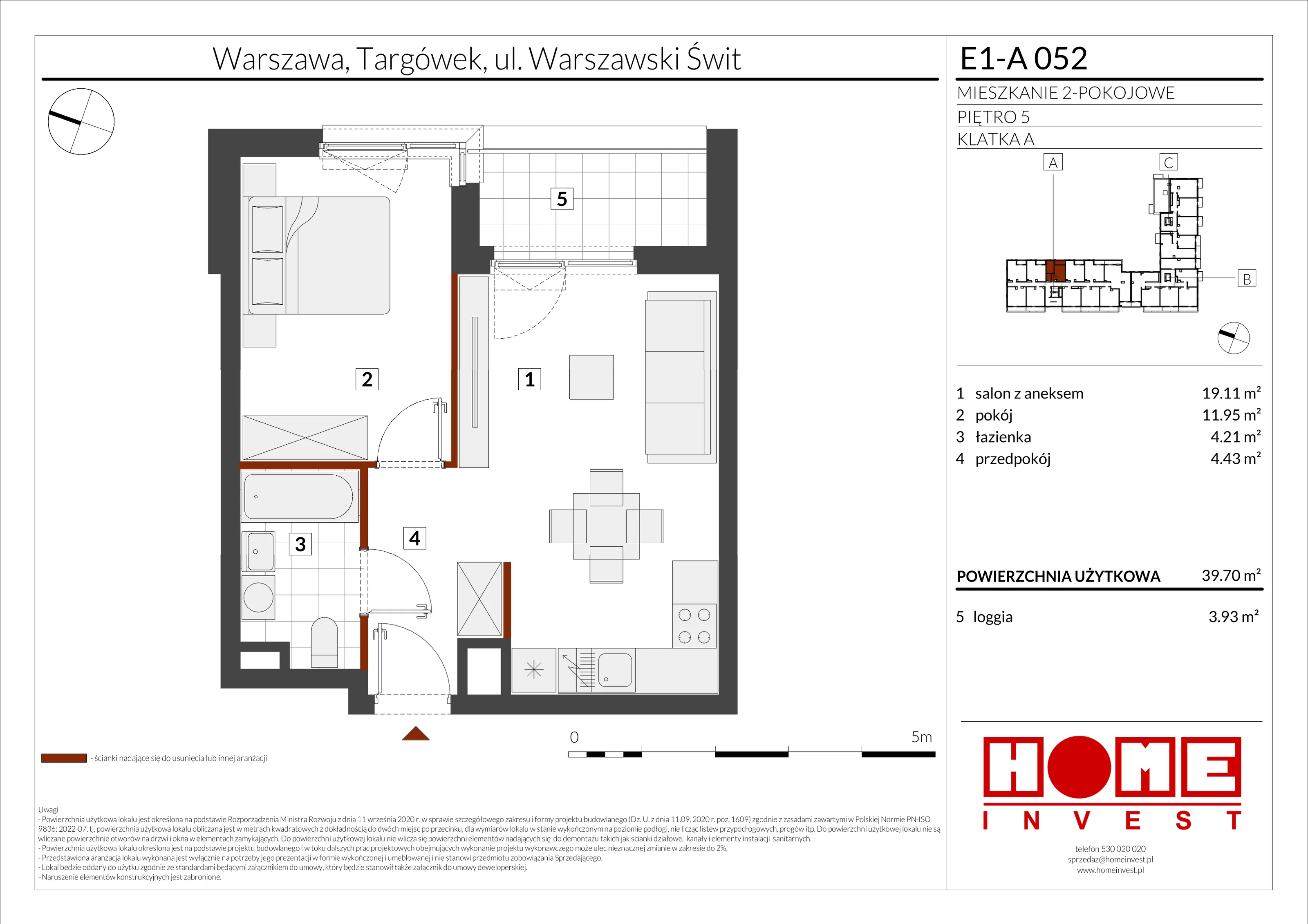 2 pokoje, mieszkanie 39,70 m², piętro 5, oferta nr E1-A052, Warszawski Świt Etap X, Warszawa, Targówek, Bródno, ul. Warszawski Świt