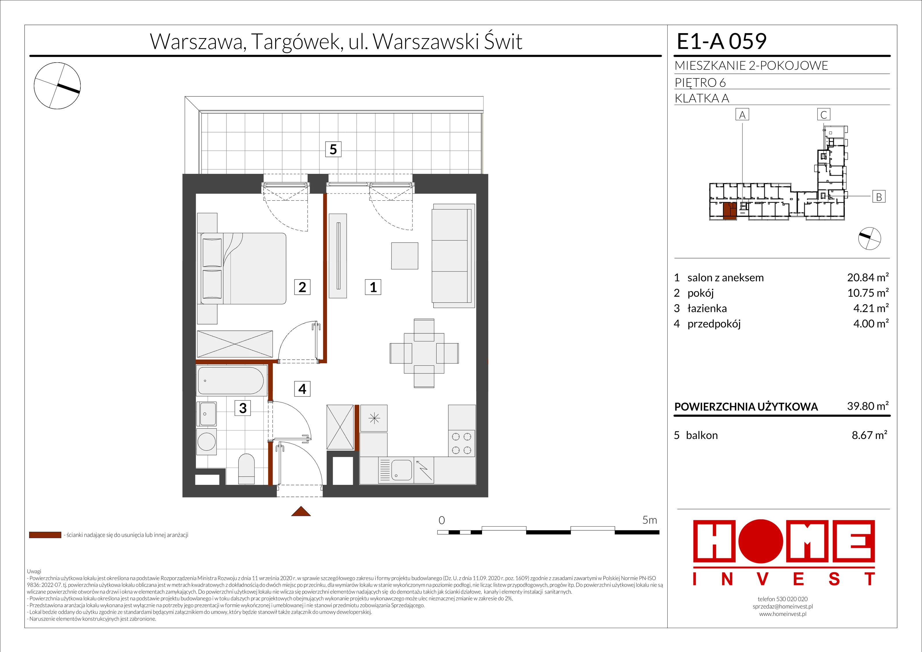 2 pokoje, mieszkanie 39,80 m², piętro 6, oferta nr E1-A059, Warszawski Świt Etap X, Warszawa, Targówek, Bródno, ul. Warszawski Świt