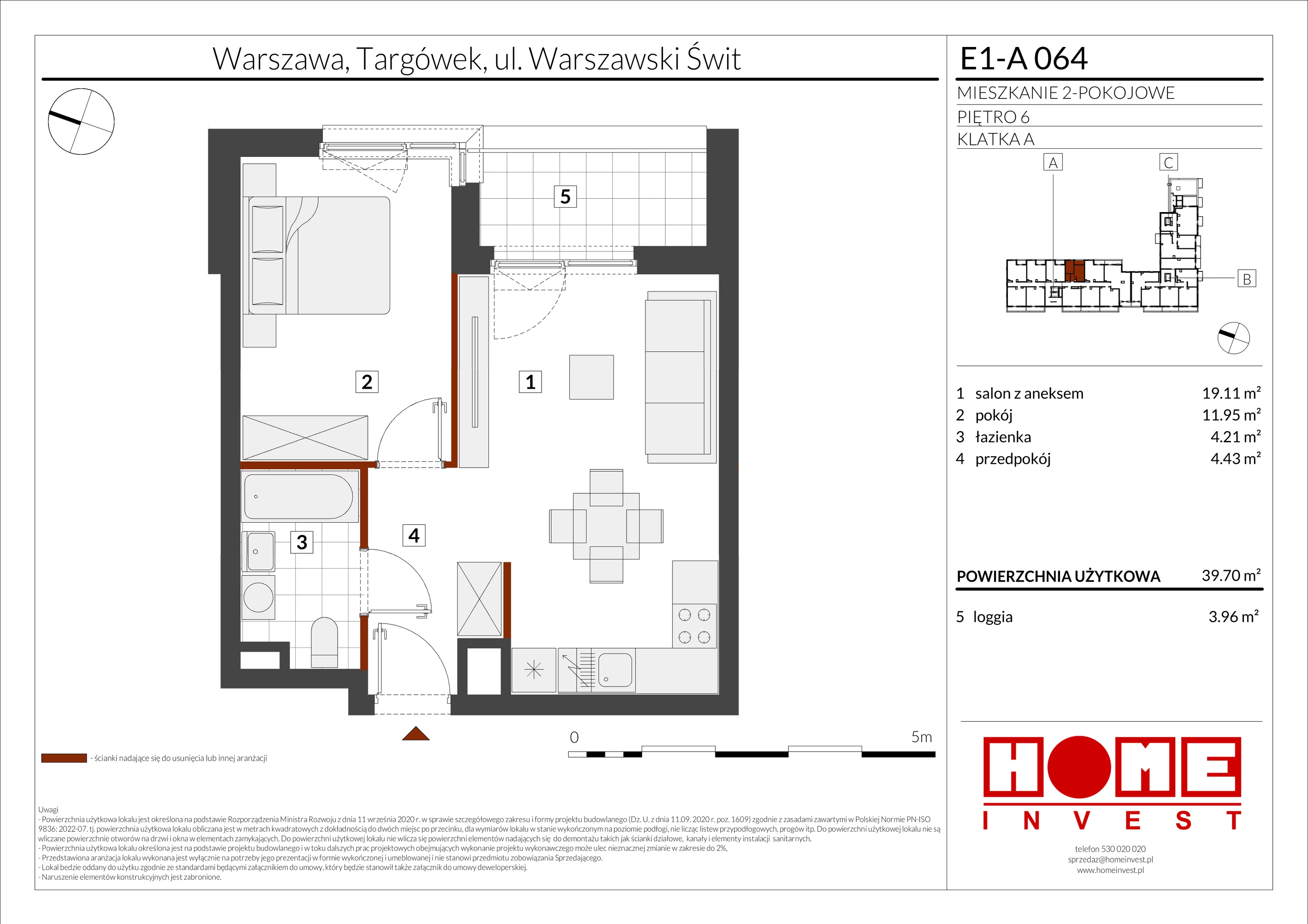 2 pokoje, mieszkanie 39,70 m², piętro 6, oferta nr E1-A064, Warszawski Świt Etap X, Warszawa, Targówek, Bródno, ul. Warszawski Świt