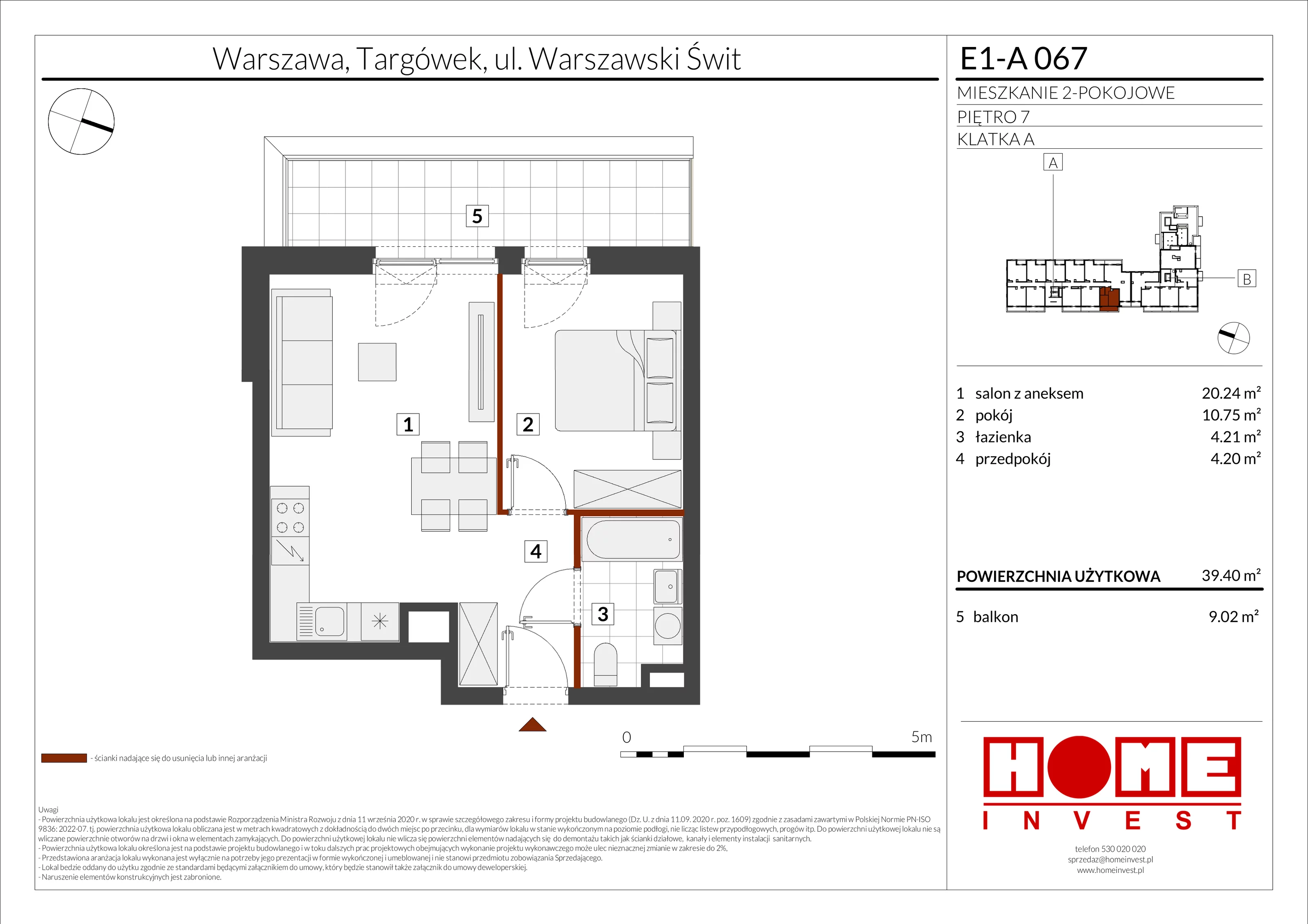 2 pokoje, mieszkanie 39,40 m², piętro 7, oferta nr E1-A067, Warszawski Świt Etap X, Warszawa, Targówek, Bródno, ul. Warszawski Świt