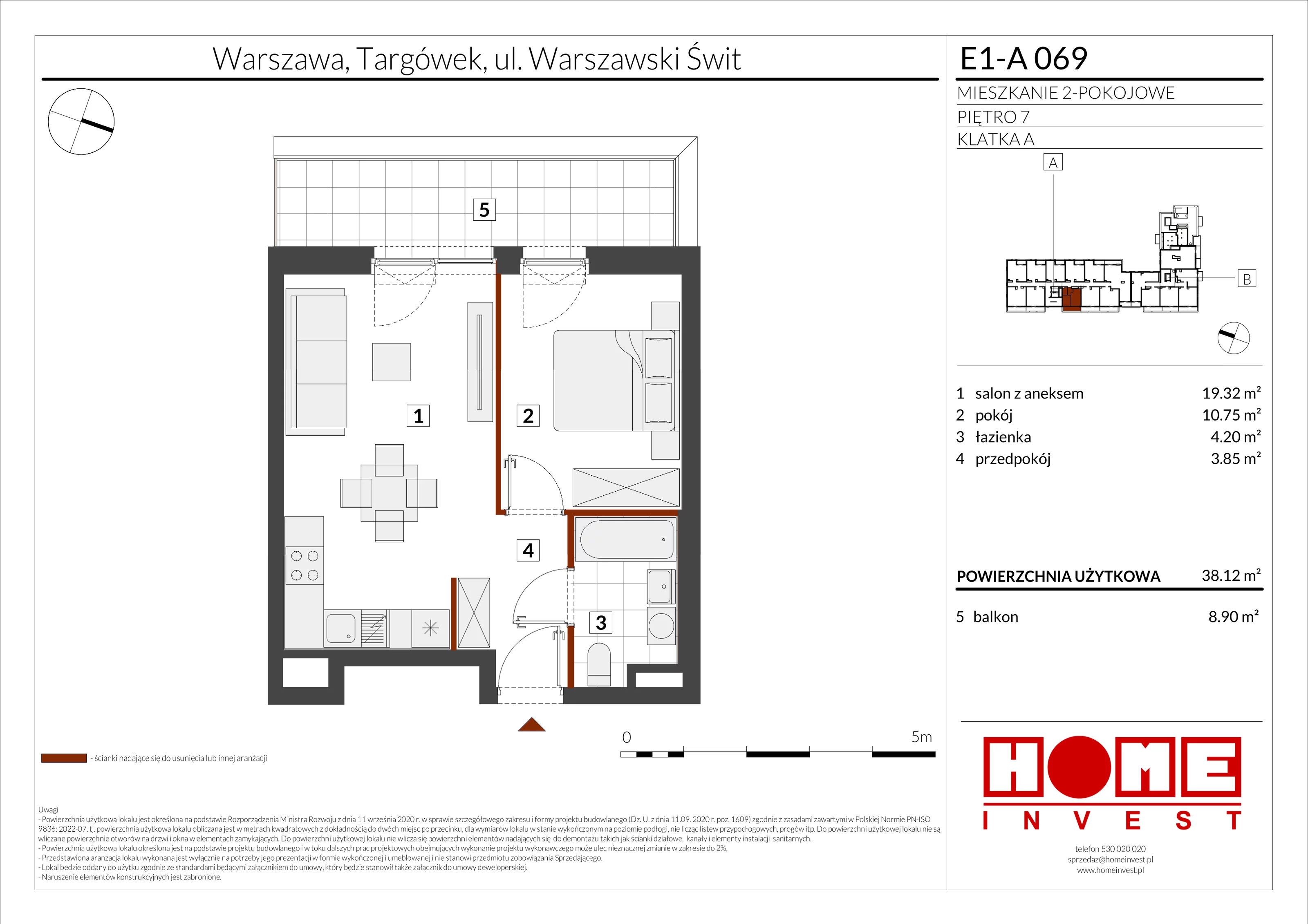 2 pokoje, mieszkanie 38,12 m², piętro 7, oferta nr E1-A069, Warszawski Świt Etap X, Warszawa, Targówek, Bródno, ul. Warszawski Świt
