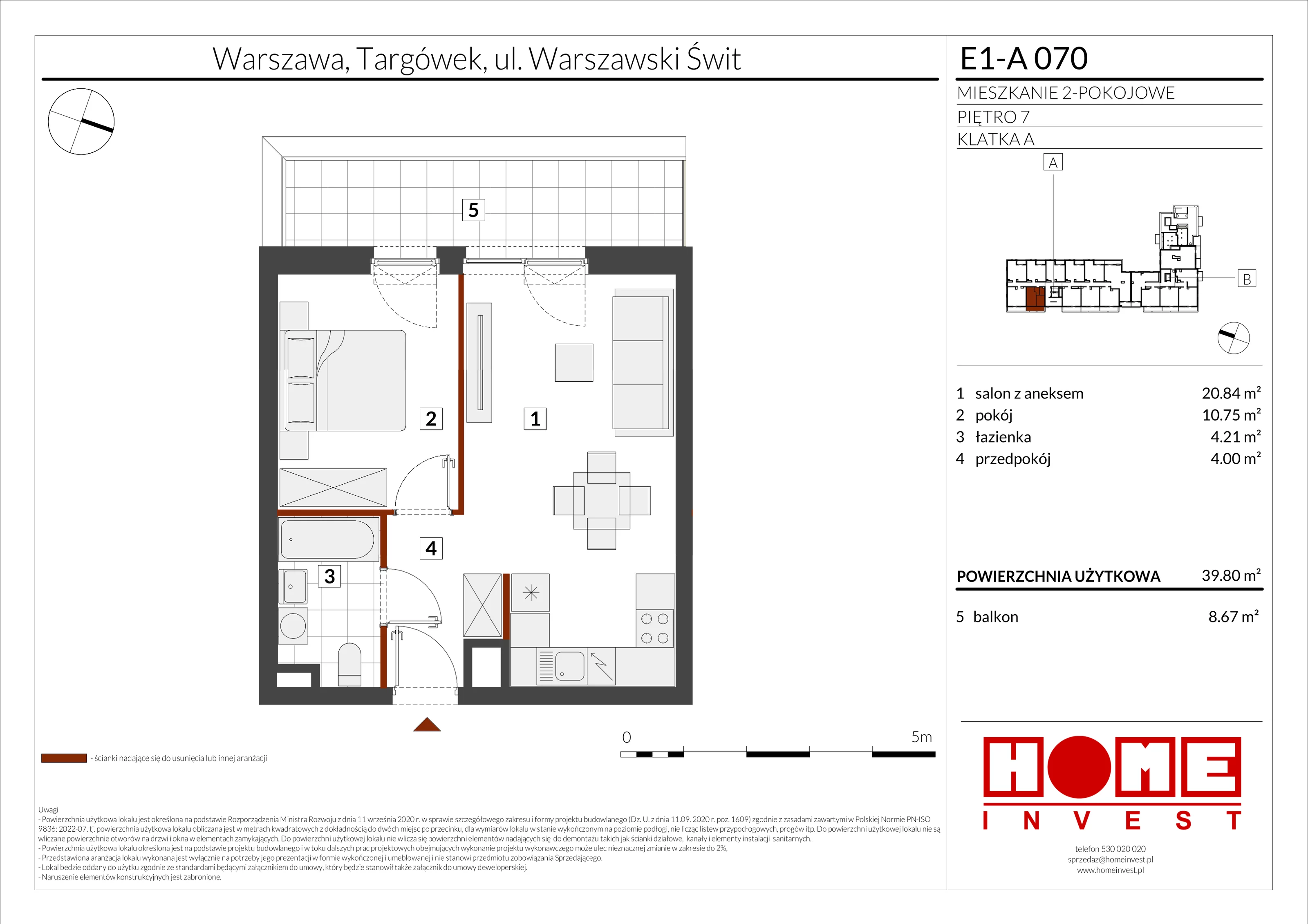 2 pokoje, mieszkanie 39,80 m², piętro 7, oferta nr E1-A070, Warszawski Świt Etap X, Warszawa, Targówek, Bródno, ul. Warszawski Świt