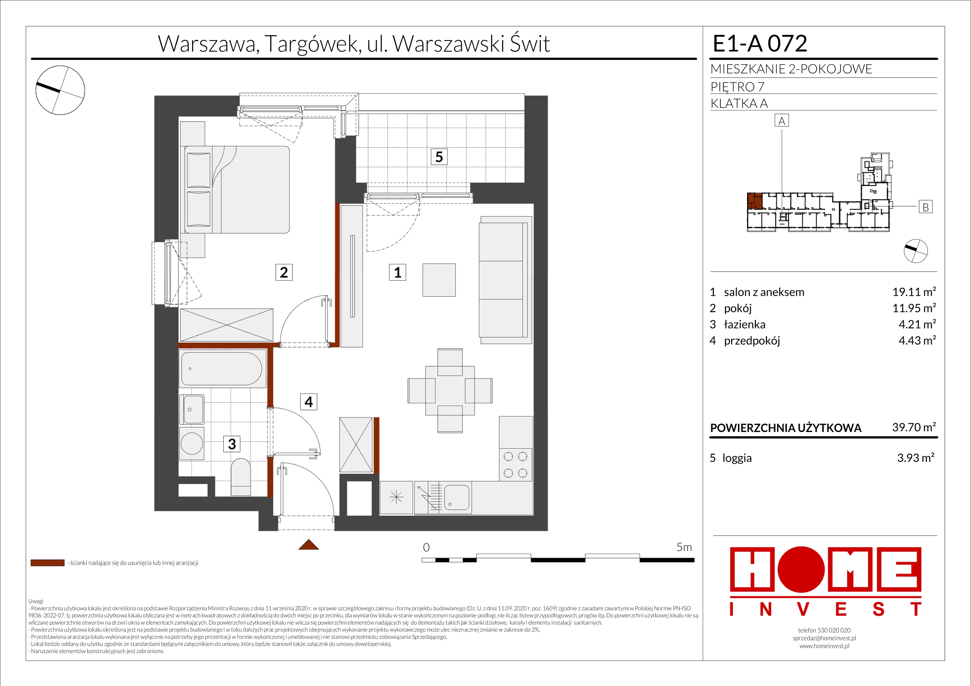 2 pokoje, mieszkanie 39,70 m², piętro 7, oferta nr E1-A072, Warszawski Świt Etap X, Warszawa, Targówek, Bródno, ul. Warszawski Świt