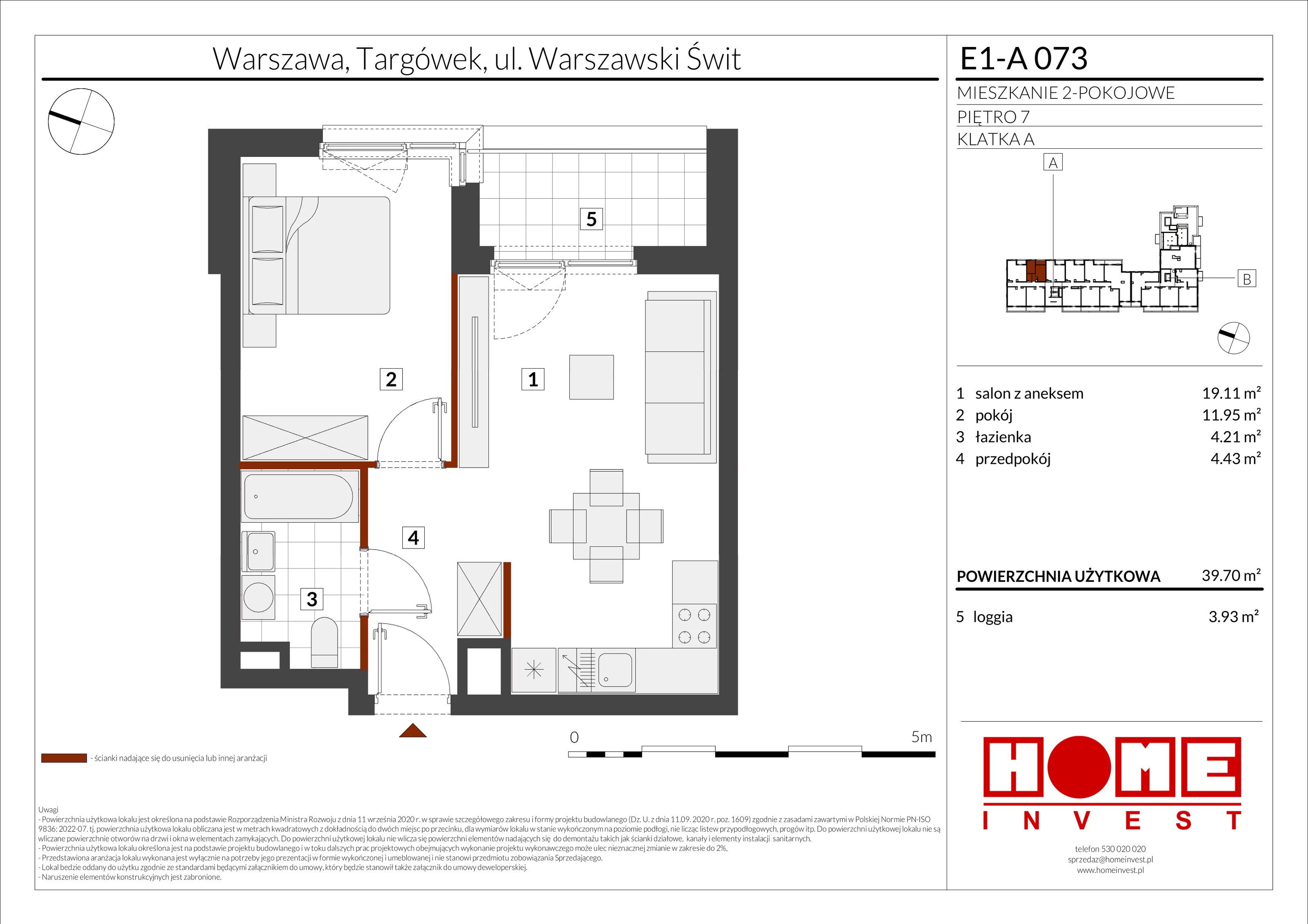2 pokoje, mieszkanie 39,70 m², piętro 7, oferta nr E1-A073, Warszawski Świt Etap X, Warszawa, Targówek, Bródno, ul. Warszawski Świt